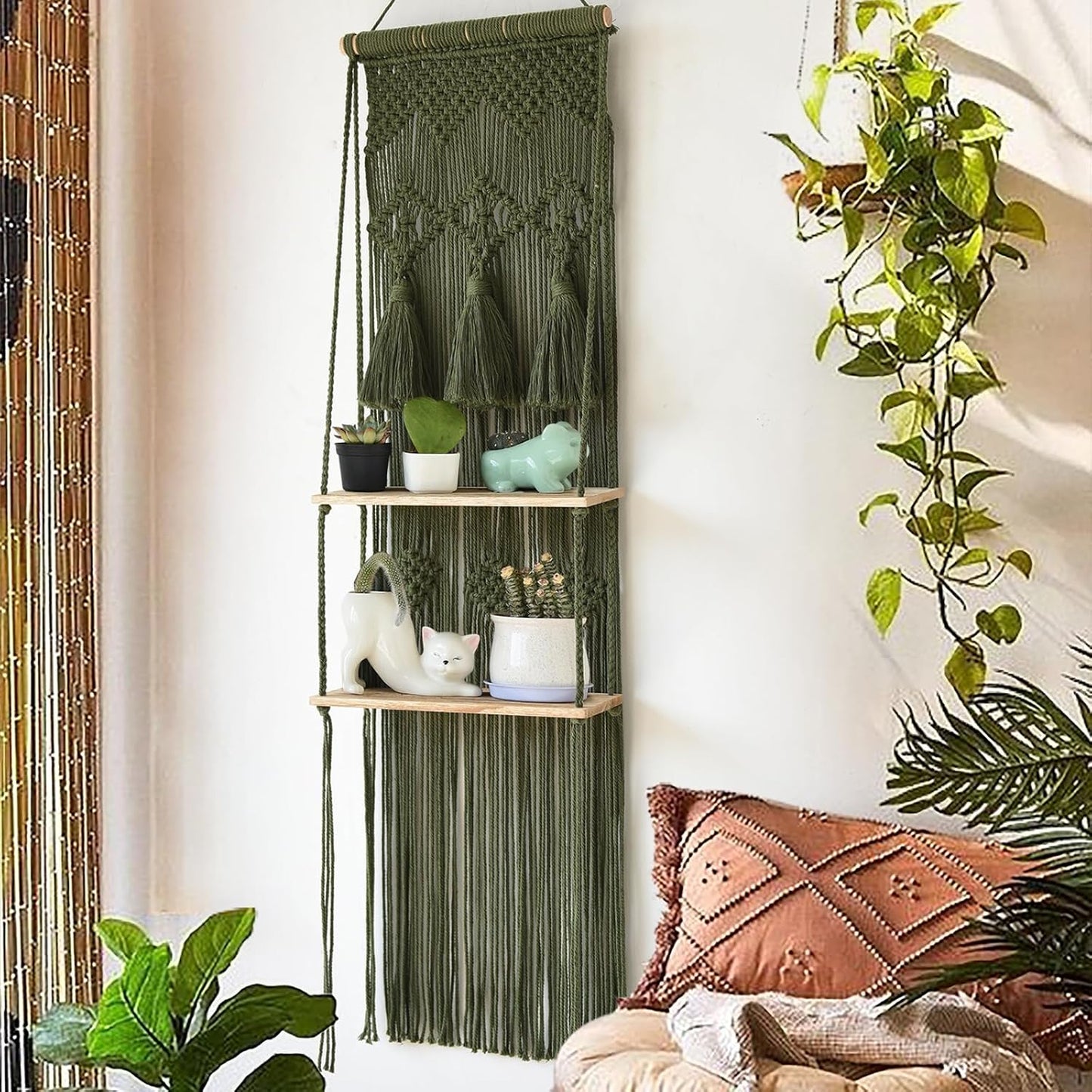 Hanging Shelf Macrame Wall Hanging Green Boho Shelfs with Tassels 2 Tier Floating for Plants Bedroom Dorm Living Room Wall Decor Rustic Wooden Organizer(Wood)