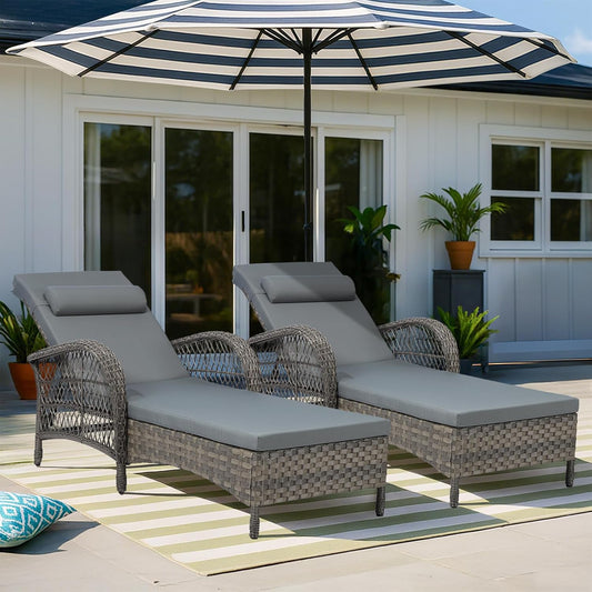 VIVIJASON Outdoor Wicker Chaise Lounge Chair Set of 2, All-Weather PE Rattan Cushioned Patio Lounger Chairs, 6-Position Adjustable Outside Pool Sunbathing Recliner with Armrest & Pillow, Gray
