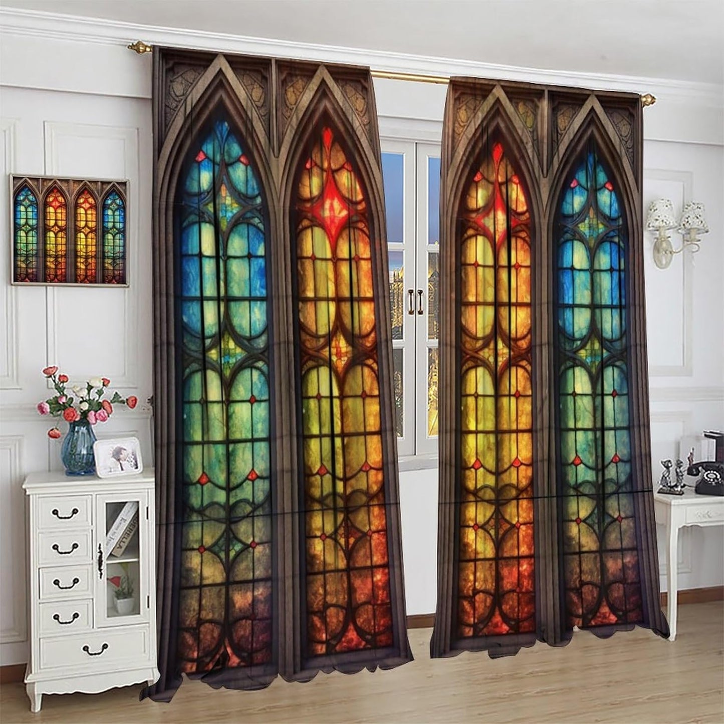 Stained Glass Curtains,Mid Century Vintage Style Abstract Art Home Decor Drapes for Bedroom Living Room Kitchen Window Treatment 2 Panels Set Total Size 42" W X 63" L Inch
