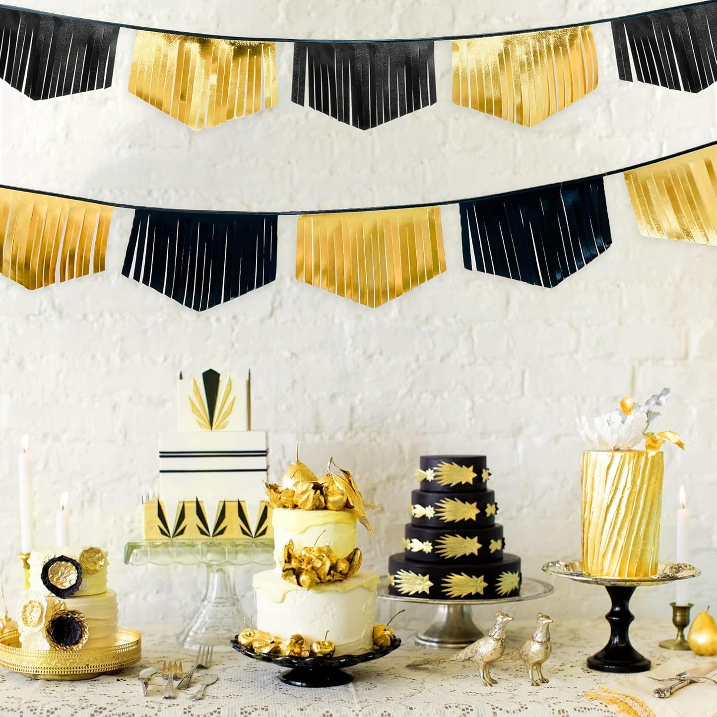 Black and Gold Tassel Banner Double Sided Metallic Fabric Pennant Bunting Flag Garland for Graduation Anniversary Bachelorette Birthday Engagement Wedding Bridal Shower Hen Party Decorations Supplies