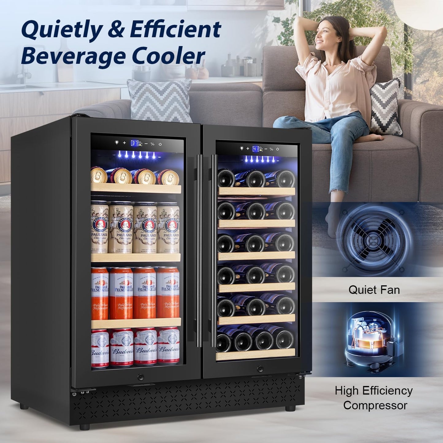Tylza 30 Inch Wine and Beverage Refrigerator, Dual Zone Wine Beverage Cooler 30" with French Door, Under Counter Wine Beer Fridge Built-In or Freestanding, Holds 29 Bottles and 110 Cans, Black