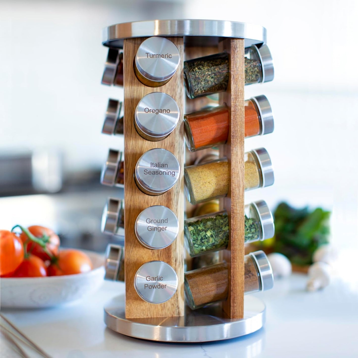 Orii 20 Jar Spice Rack with Spices Included - Tower Organizer for Kitchen Spices and Seasonings, (Natural Acacia Wood)