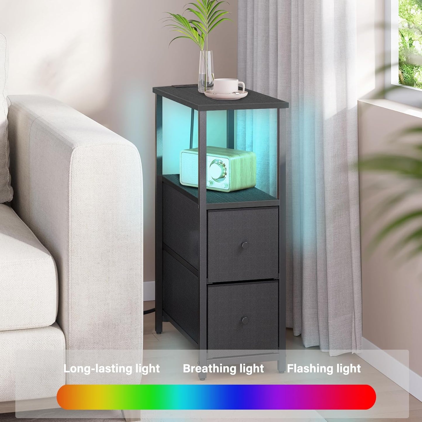 TUTOTAK Small Narrow LED End Table with Charging Station, Side Table Outlets, Nightstand with 2 Cloth Drawers, Couch Table, for Living Room, Bedroom, Bedside, Black TB01BK085L