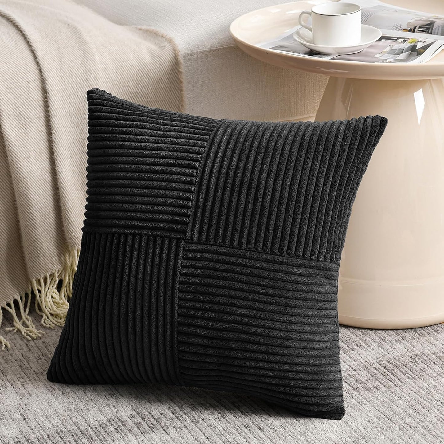 Fancy Homi 2 Packs Black Big Decorative Throw Pillow Covers 24x24 Inch for Couch Bed Sofa, Rustic Farmhouse Boho Home Decor, Soft Corss Corduroy Patchwork Accent Square Cushion Case 60x60 cm