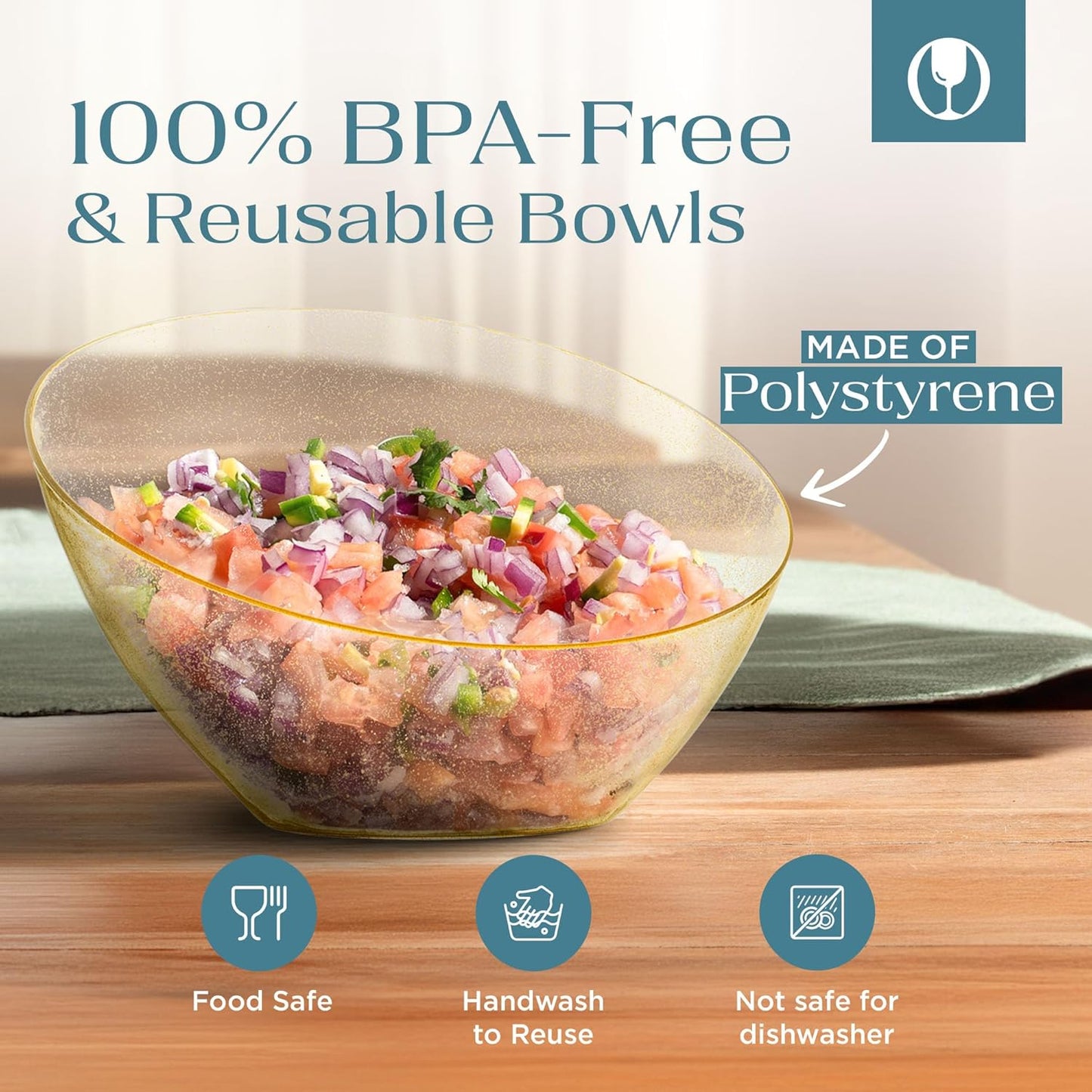 Posh Setting Gold Plastic Serving Bowls - Angled, Disposable for Chips, Candy, Salad, Fruit - Wedding Party Table - Gold Glitter, 20 OZ, 5 Pack