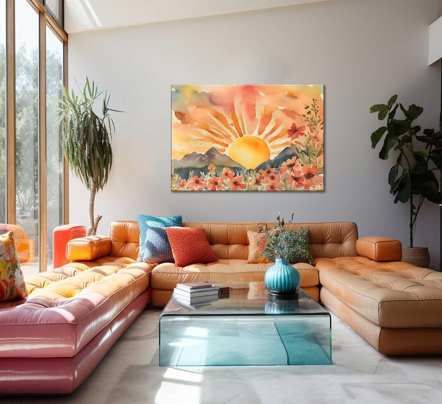 Boho Sun Canvas Wall art Mid-Century Modern Abstract Bohemian Sunset in The Mountains Watercolor Wildflowers Sunrise Landscape Picture Wall Decor Poster Print Artwork for Living Room Bedroom