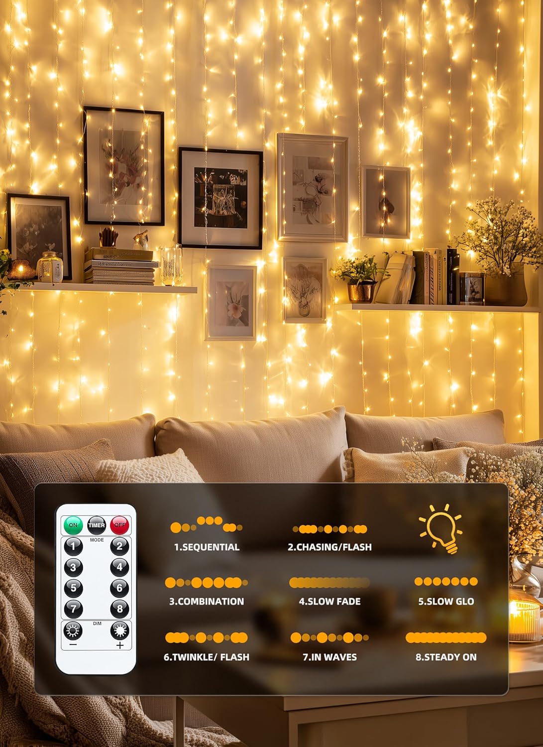 Brightown 300 LED Fairy Curtain Lights, 9.8ft x 9.8ft Warm White Curtain String Lights, USB Plug in 8 Lighting Modes Christmas Decoration, Hanging Lights with Remote for Bedroom Indoor Weddings Dorm