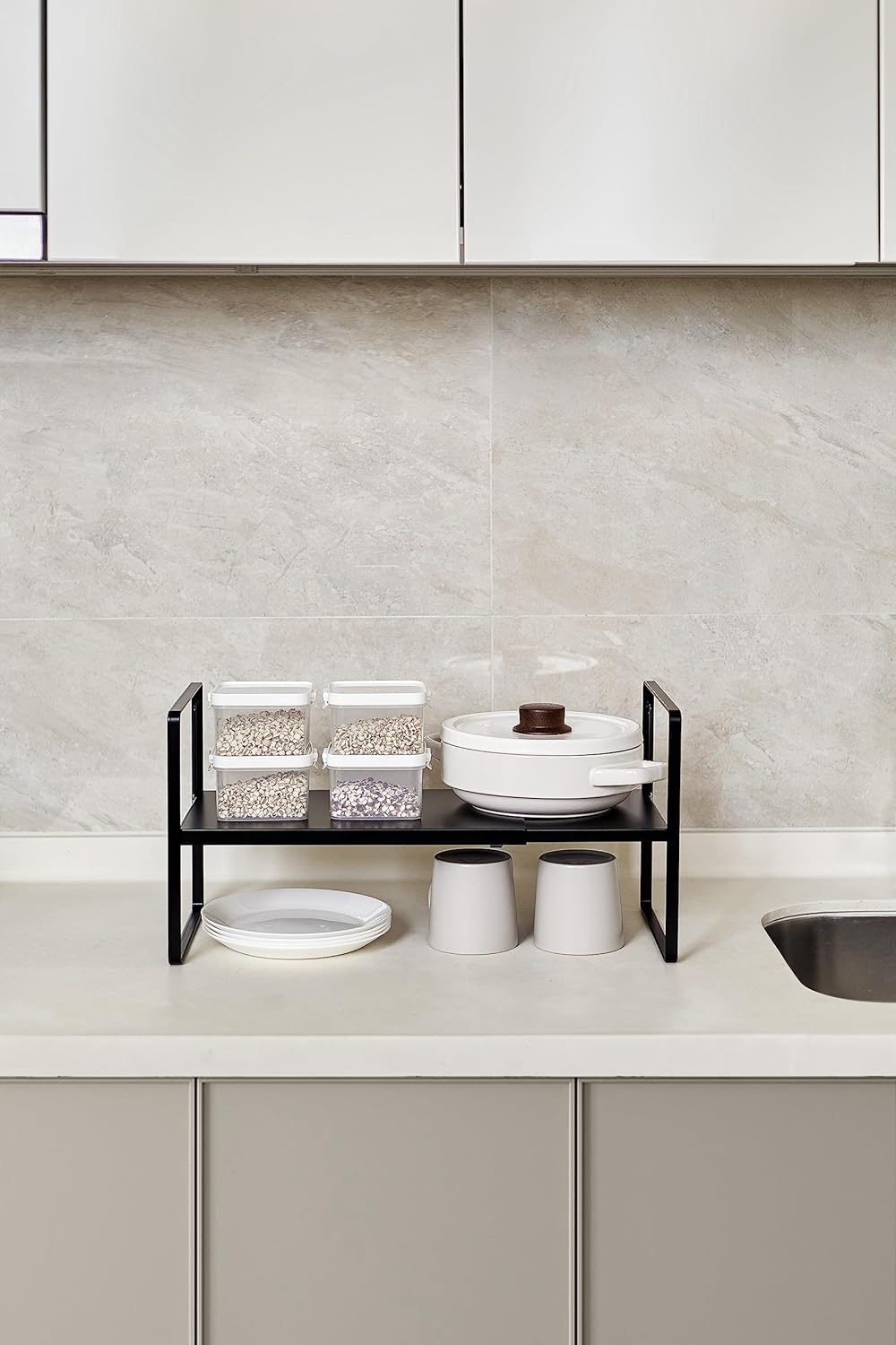 Nxconsu Cabinet Shelf Expandable Height Adjustable Organizer Riser for Kitchen Cabinet Pantry Cupboard Under Sink Countertop Organization Storage Space Saver Stackable Heavy Duty Metal Black