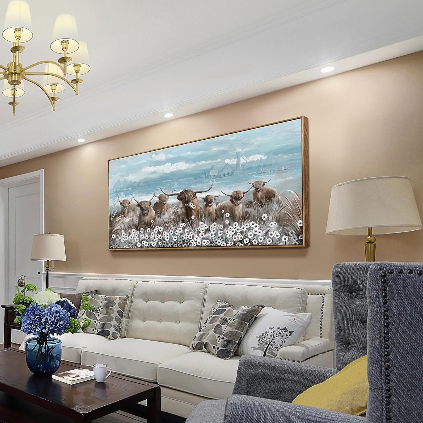 Extra Large Framed Wall Art for Living Room Big Boho Farmhouse Highland Cow Canvas Artwork Flower and Animal Picture Rustic Coastal Blue and Brown Decor for Office Bedroom Kitchen