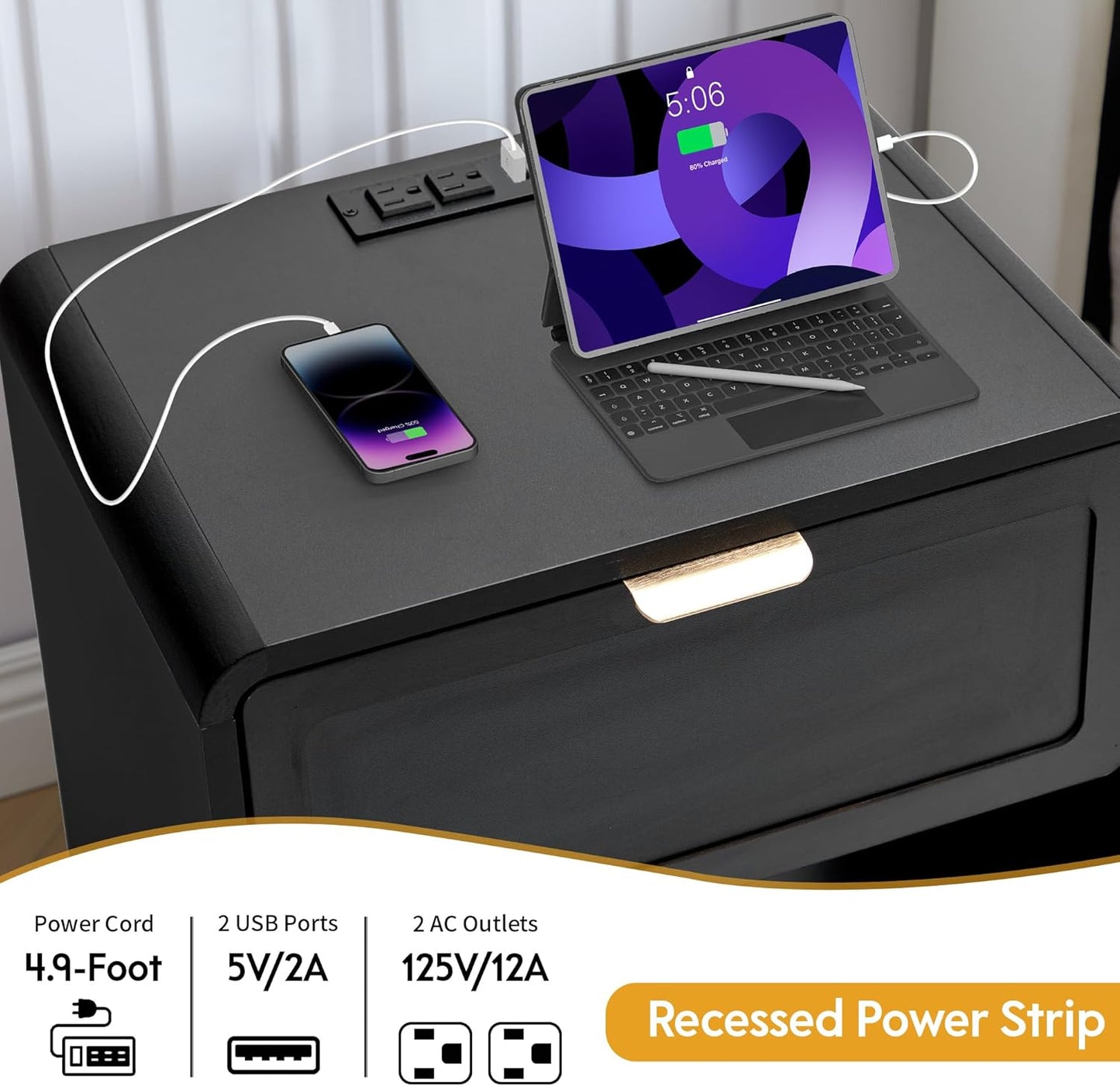 LEVNARY Nightstand with Charging Station, Mid-Century Modern Bedside Table with Curved Top Corners and Storage Drawer, Wooden End Table for Farmhouse Bedroom Living Room (1, Black)