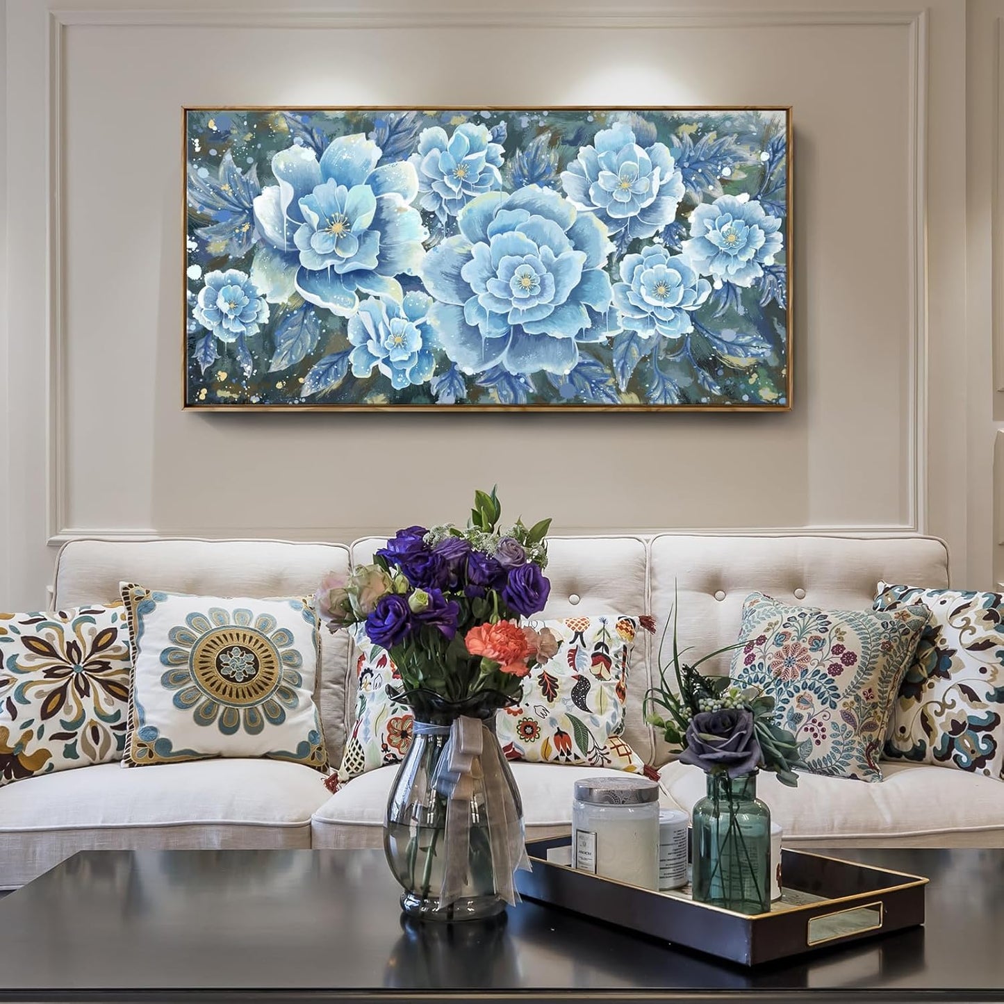 Large Blue Wall Art Decor Modern Framed Wall Picture for Living Room Bedroom Office Decor Floral Canvas Art Prints Botanical Wall Picture Abstract Peony Flower Horizontal Artwork Ready to Hang 48x24