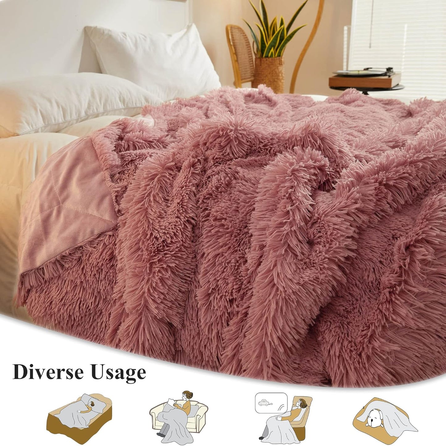 XeGe Plush Faux Fur Throw, Dusty Pink Luxurious 50x60 Shaggy Furry Blanket, Fluffy Microfiber Velvet Couch Throw, Ultra Soft Warm Fuzzy Lap Blanket for Sofa Bed Chair Car Office, Dusty Pink