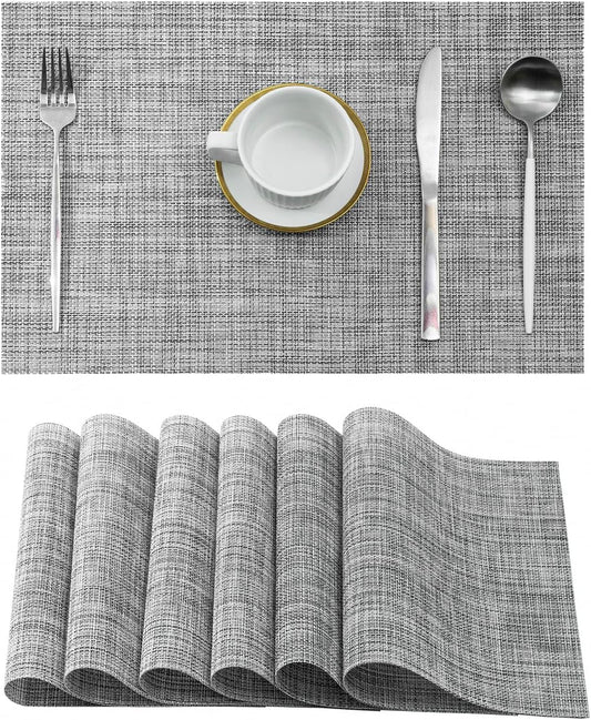 Leetaltree Linen Grey Placemats Set of 6 - Heat Resistant Non-Slip Place mats for Dining Table, Washable Durable PVC Vinyl Woven Table Mats（Linen Grey, 6）
