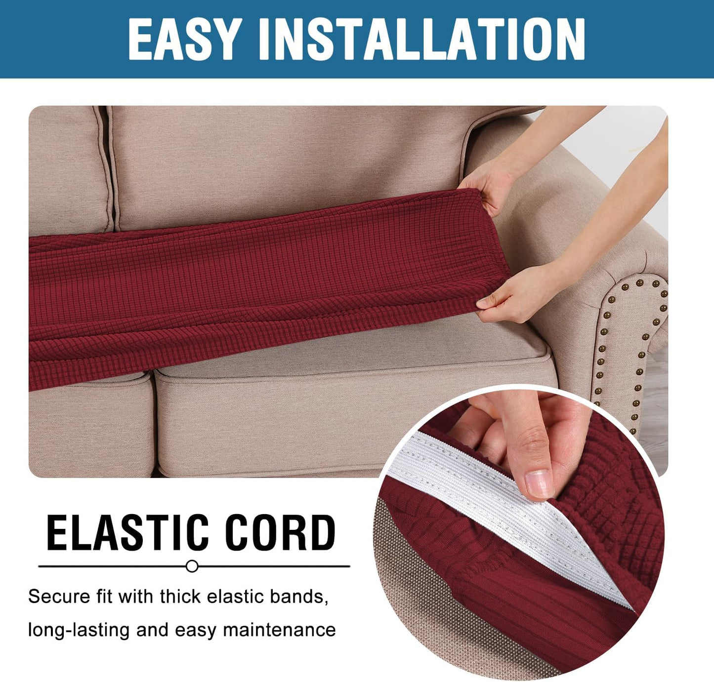 H.VERSAILTEX Super Stretch Individual Seat Cushion Covers Sofa Covers Couch Cushion Covers Slipcover Sets Thick Jacquard Textured Twill Fabric (1 Piece Loveseat Cushion Cover, Burgundy Red)