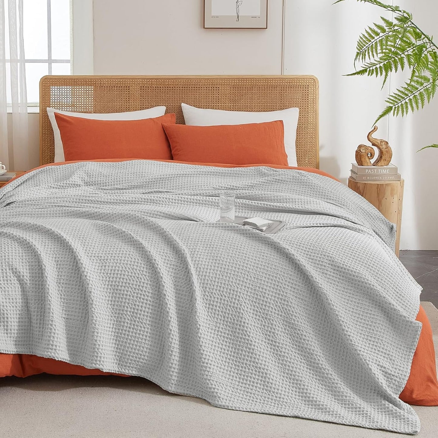 PHF Ultra Soft Waffle Weave Blanket Queen Size 90"x 90"- Washed Lightweight Breathable Cozy Woven Blanket for Bed - Aesthetic Decor for Couch Bedding Sofa Home Car - Light Grey