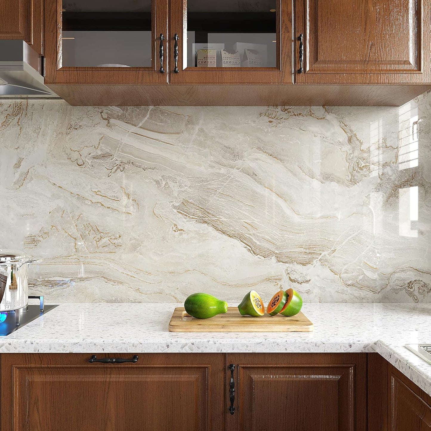 VEELIKE Glossy Beige Gold Marble Contact Paper for Countertops Waterproof Peel and Stick Countertop Contact Paper 24''x354'' Self Adhesive Vinyl Marble Wallpaper for Bathroom Kitchen Counter Top Cover