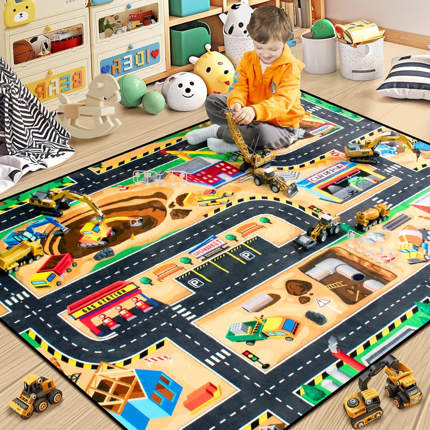 Kids 4x6 Ft Construction Site Play Rug, Baby Play Mat, Tufted Wool & Rubber, Non-Slip, Stain & Fade Resistant, Machine Washable, Rustic Cartoon Construction Site Pattern