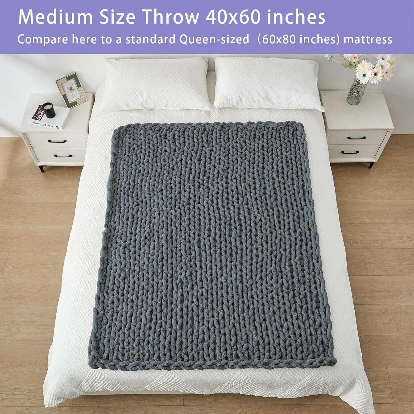 Bigacogo Chunky Knit Throw Blanket for Couch, 40x60 inches, 100% Hand Knitted with Thick Jumbo Chenille Yarn, Cozy Soft Large Rope Knot Cable Crochet Blankets for Sofa Bed Living Room, Iron Gray