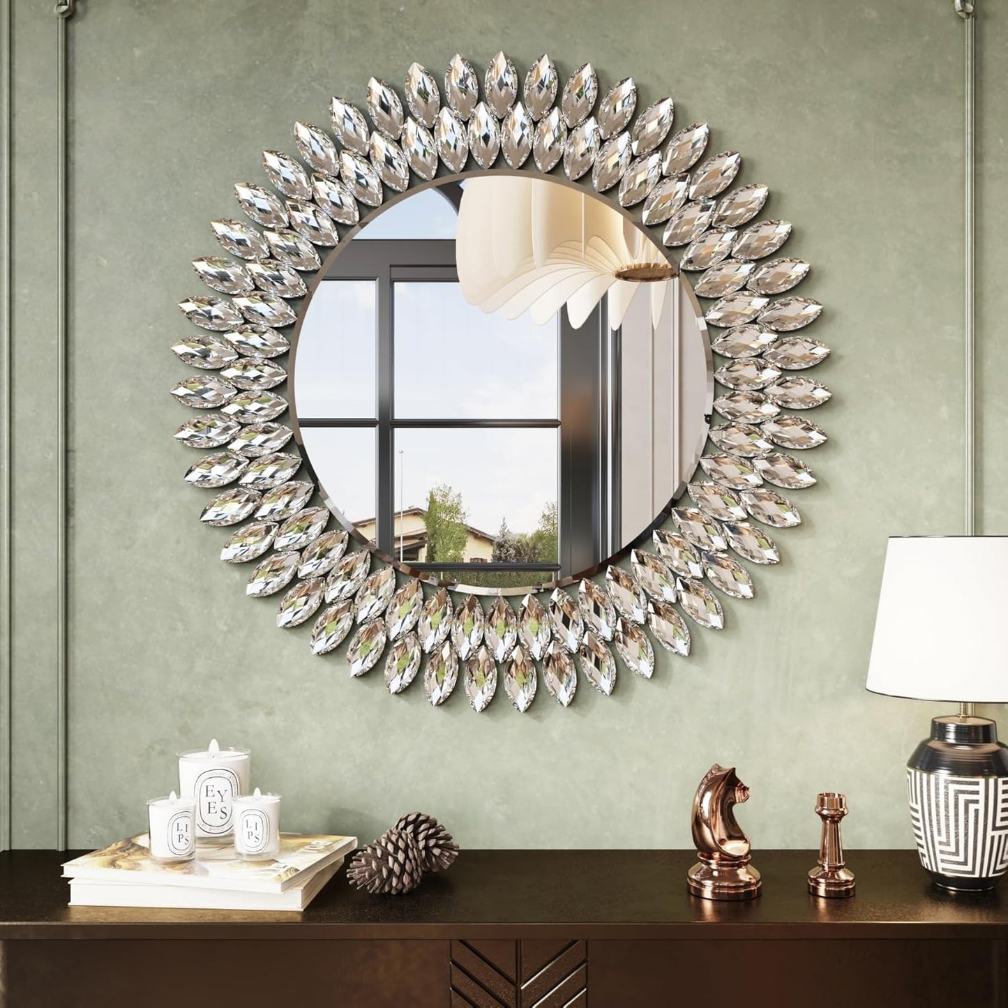 Kelly Miller Round Jeweled Mirror for Wall Decor, 26 in Modern Decorative Wall Mirror with Luxury Diamonds Beveled Vanity Mirror for Bedroom Dresser, Living Room Table, Bathroom, Hallway, Entryway