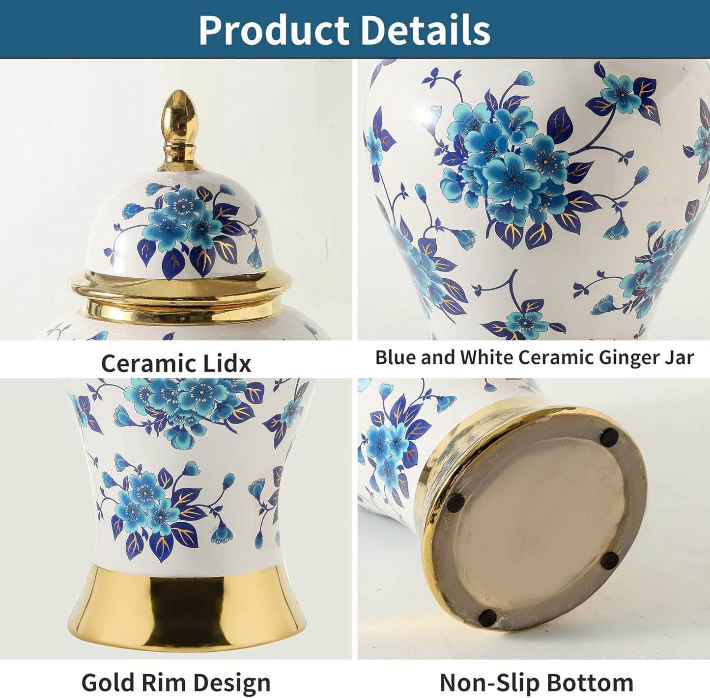 Ginger Jars for Home Decor, White and Gold Vase, Porcelain Ginger Jar Chinoiserie Blue and White Vase with Gold Trim and Floral Pattern, Ceramic Flower Vase for Home, Temple and Storage Jars(12in)