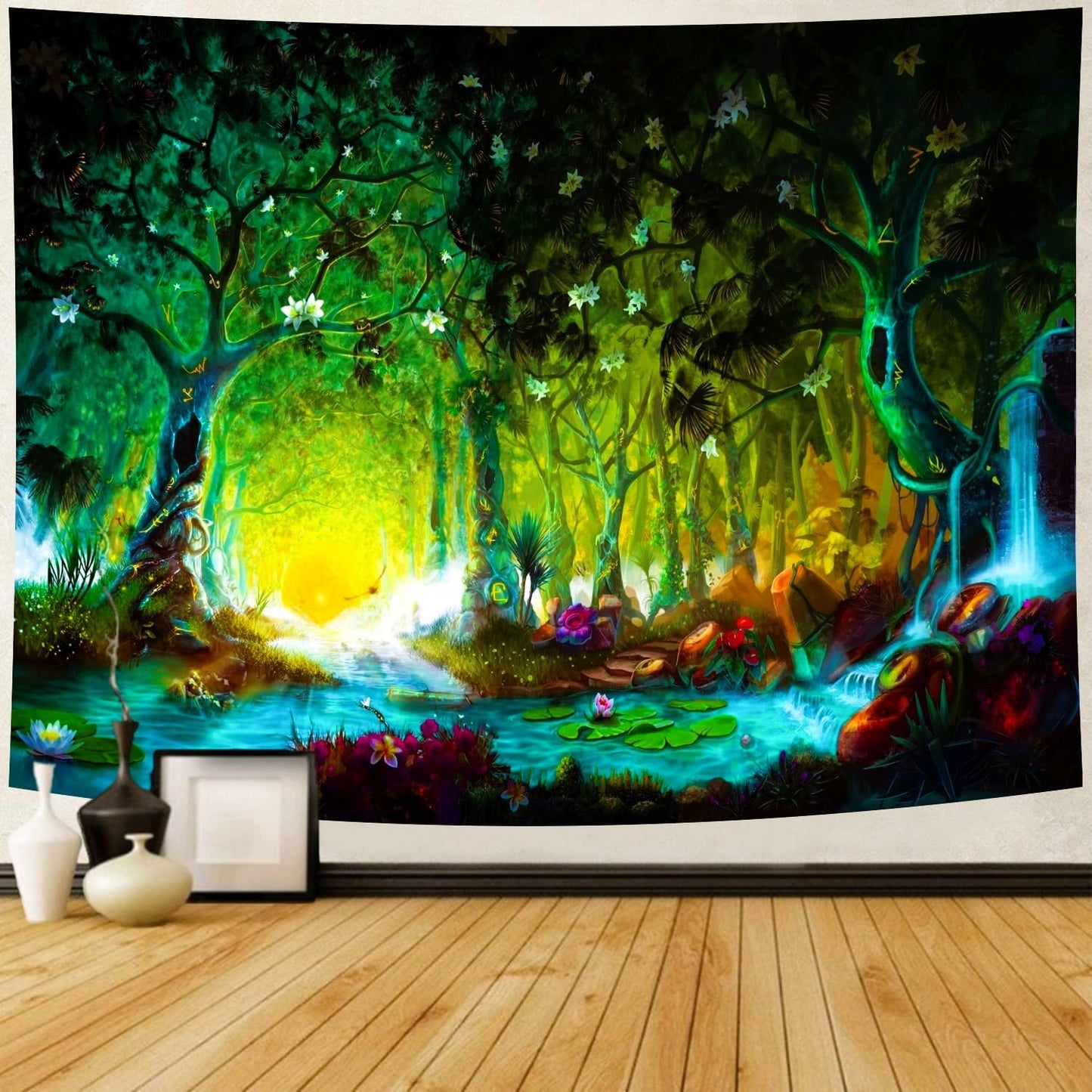 Delur Fantasy Forest Tapestry Mystical River Enchanted Magical Fairy Tale Tree Tapestry Sunrise Landscape Sunset Nature Psychedelic Wall Hanging Headboard for Bedroom Living Room Home Decor (59.1" x 78.7")
