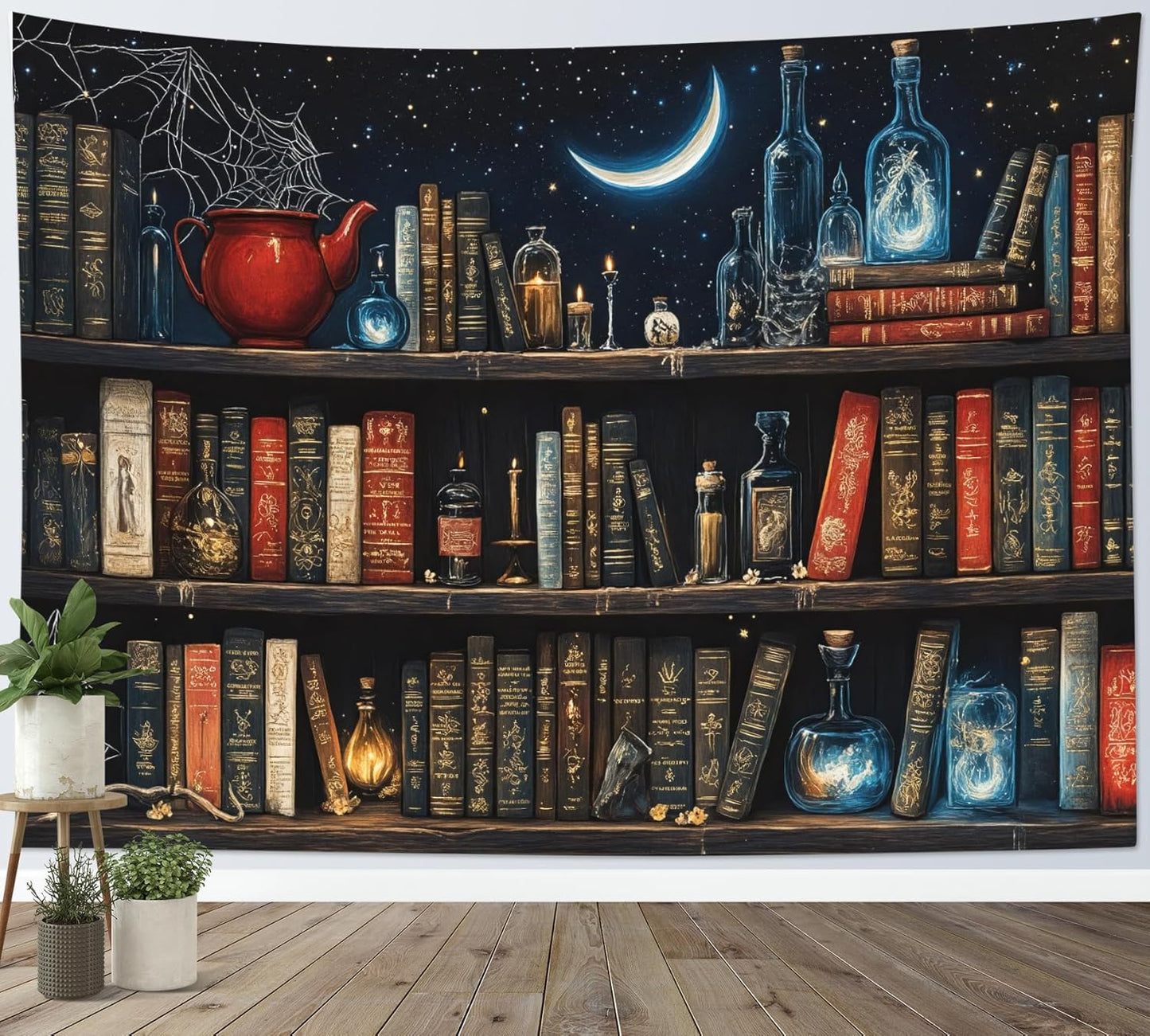 LB Fantasy Bookshelf Tapestry, Horror Spider and Vintage Book with Moon Wall Tapestry for Bedroom Aesthetic, Trippy Galaxy Wall Art for Living Room Dorm Home Decor Ready to Hanging, 80 x 60 Inches