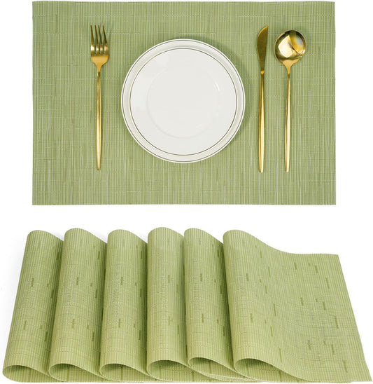 Placemats Set of 6，Non-Slip PVC Weave Table Mats Easy to Clean，Heat Resistant Place Mats for Kitchen Dining Table Decoration Indoor Outdoor，Pea Green