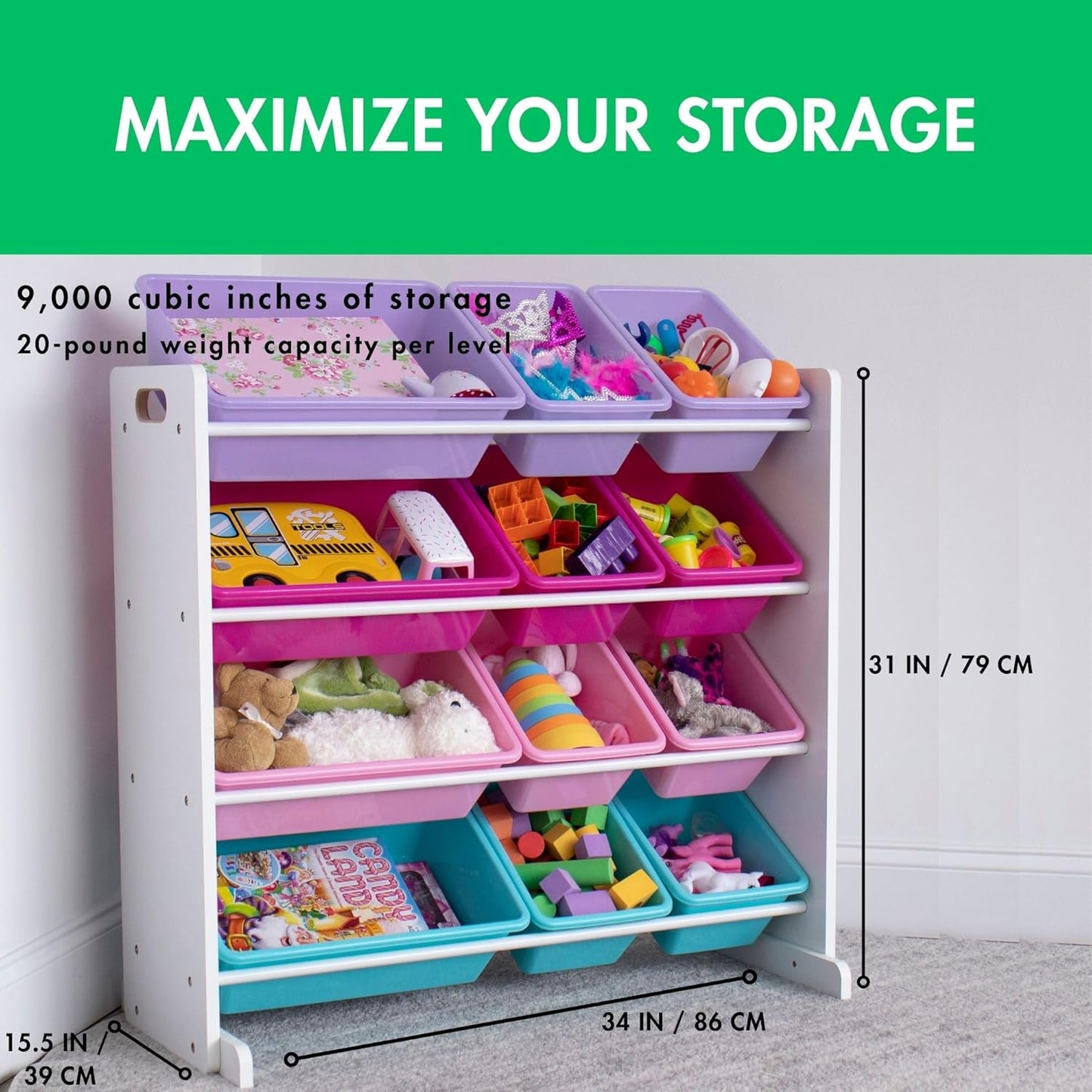 Humble Crew Kids Toy Storage Organizer with 12 Plastic Bins, White/Pink/Purple/Turquoise – Removable Bins for Playroom, Bedroom, Toddler Furniture for Boys and Girls Ages