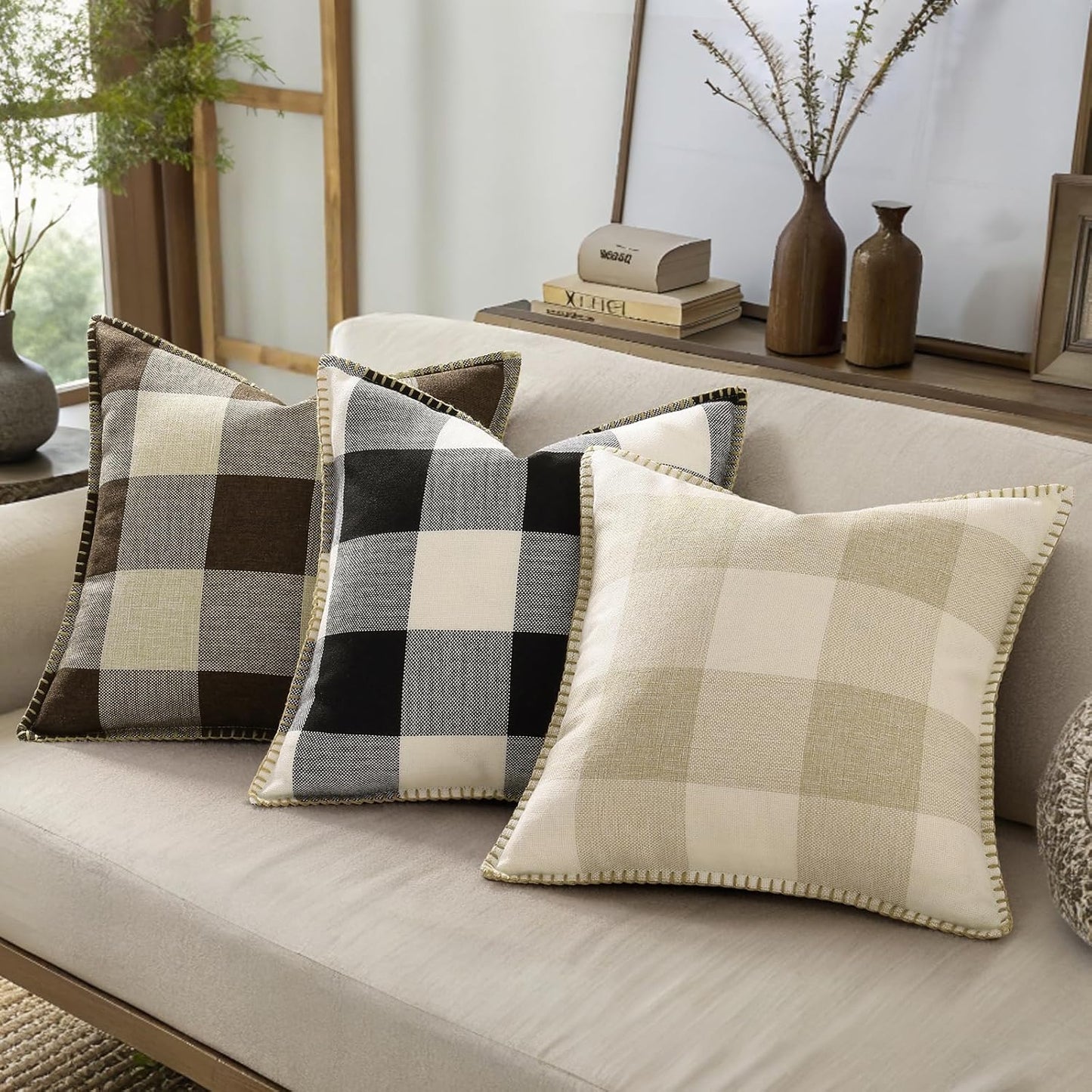 decorUhome Buffalo Plaid Check Throw Pillow Covers 22x22 Set of 2, Outdoor Decorative Farmhouse Neutral Pillow Covers with Stitched Edge for Bed Couch Sofa, Black and White
