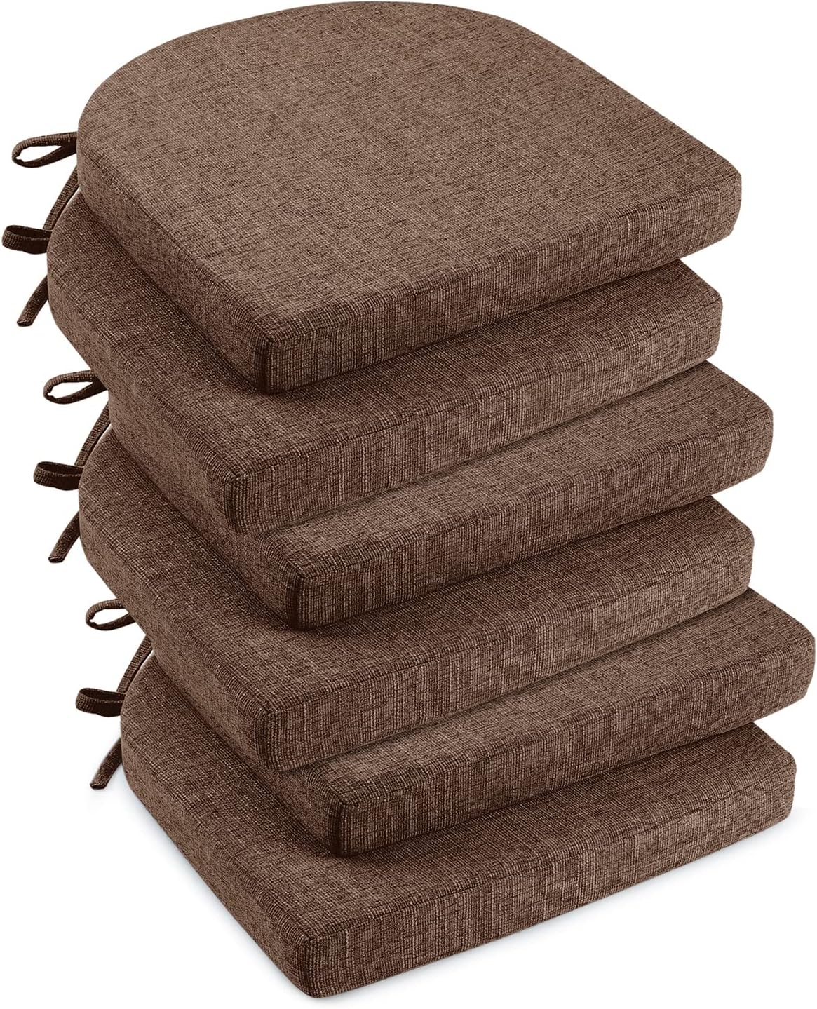 downluxe Indoor Chair Cushions for Dining Chairs, Soft and Comfortable Textured Foam Kitchen Chair Pads with Ties and Non-Slip Backing, 16" x 16" x 2", Brown, 6 Pack