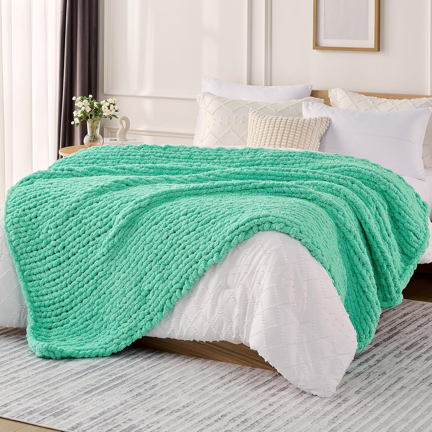 L'AGRATY Chunky Knit Blanket Throw: 60''x80'' Chenille Chunky Knitted Throw Blanket for Bed Couch - Handmade Thick Big Cable Knit Blanket - Large Crochet Rope Blanket for Home Decor(Aqua)