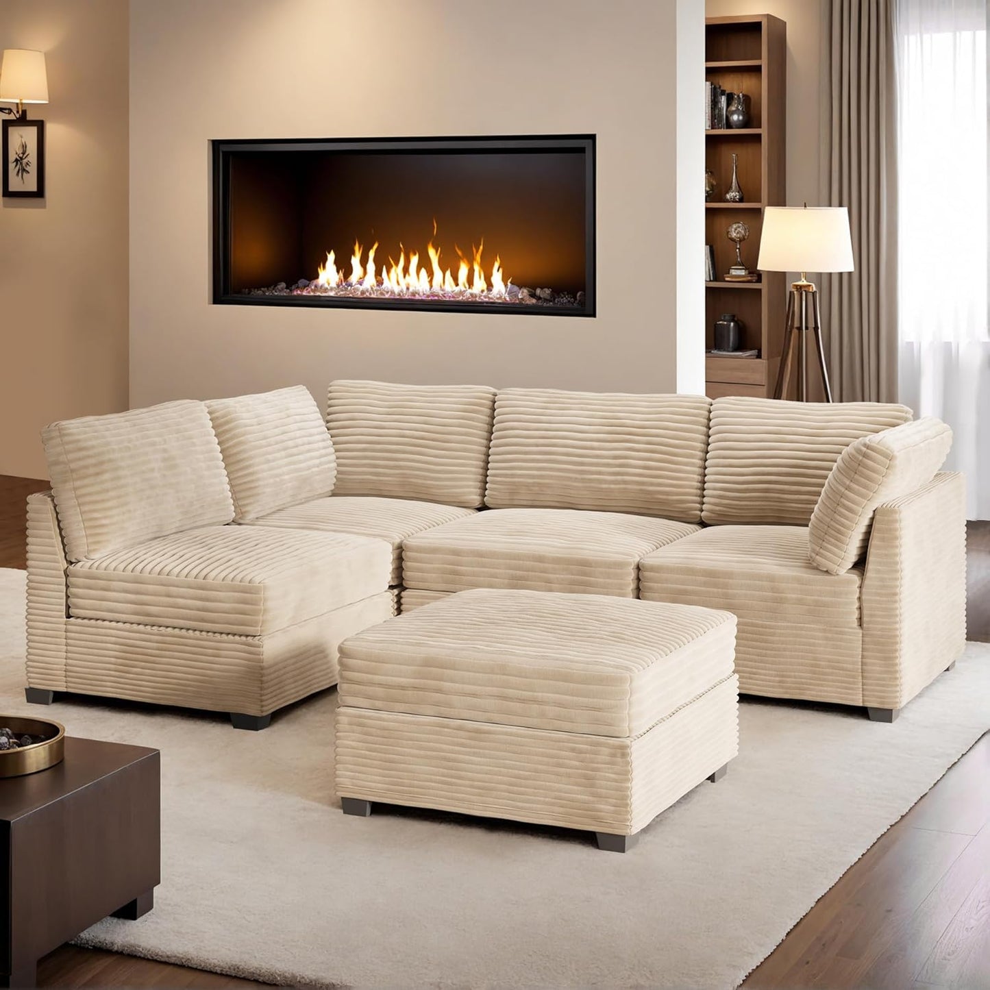 HOOOWOOO Modular Sectional Sofa,5 Pieces Sectional Couches for Living Room,98X55 L Shaped Cloud Couch with Ottoman Chaise Set(Beige Velvet Corduroy)