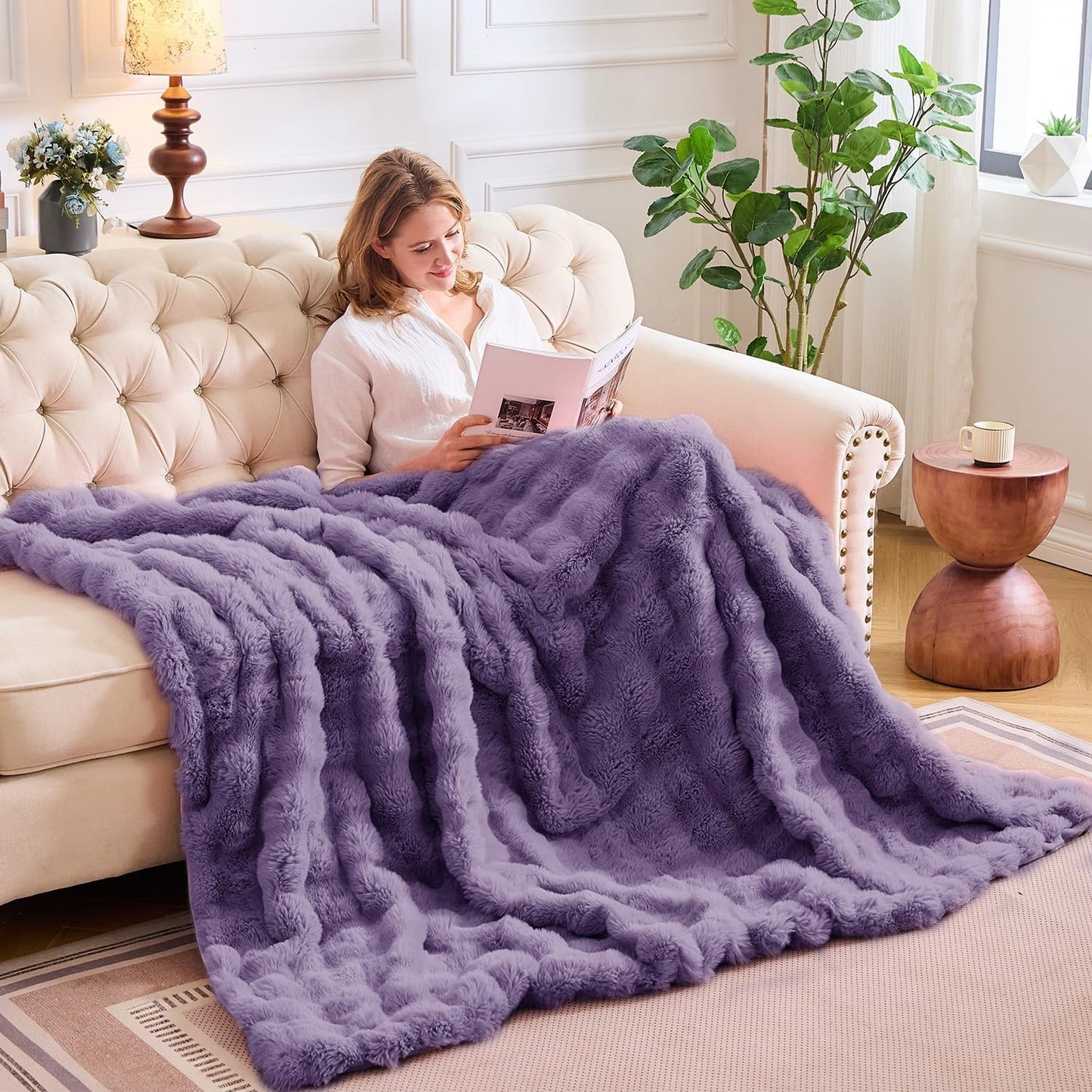 Lotus Karen Faux Fur Throw Blanket Purple - Big Bubble Rabbit Fluff Blanket for Couch Bed Sofa,Softest Fluffy Fuzzy Cozy Blanket,Thick Furry Plush Shaggy Warm Blankets for Women,50x60 Inches