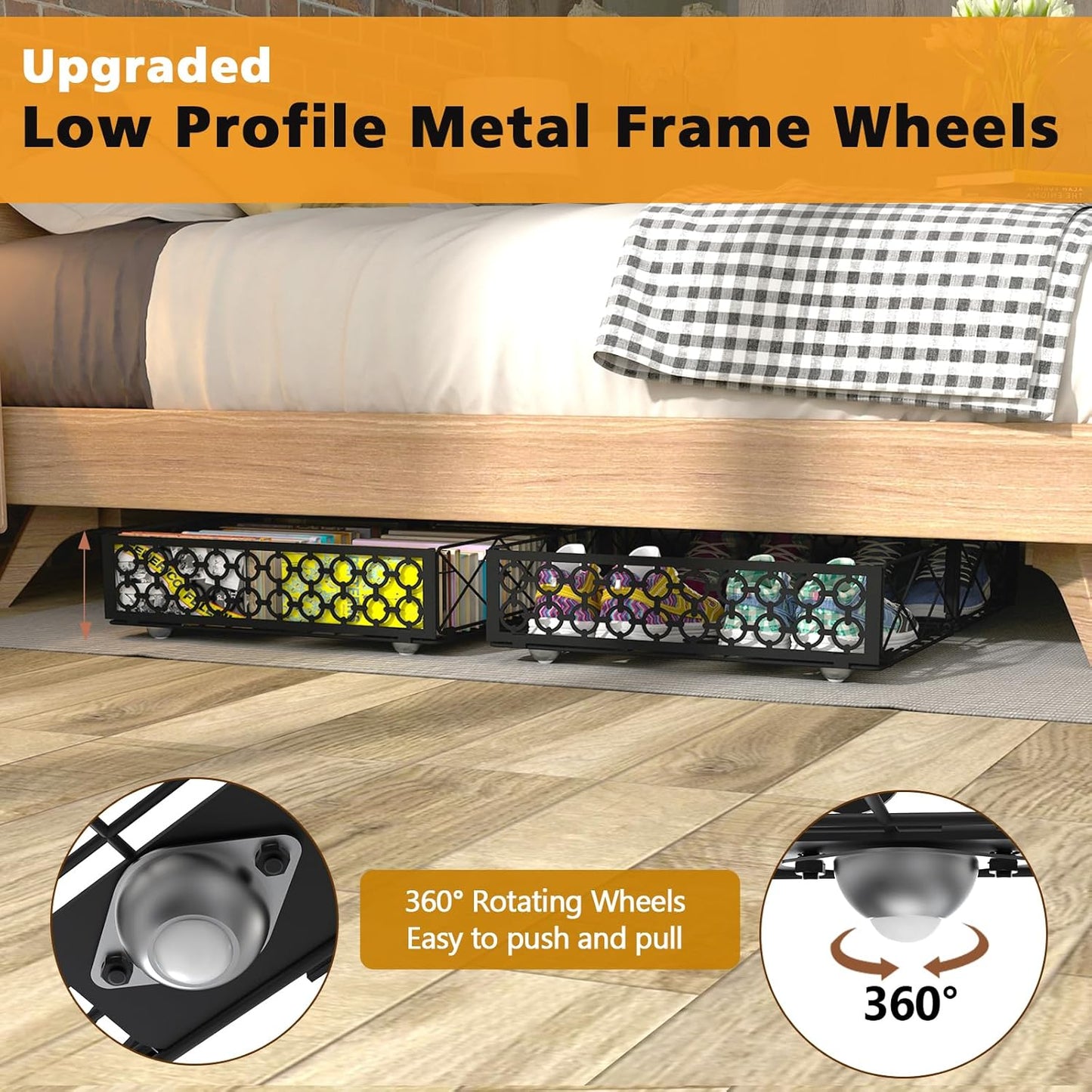 NADAMOO Large Under Bed Storage with Wheels, Low Profile Rolling Under Bed Storage Containers，Foldable Metal Under the Bed Organizer Bins for Bedroom，2 Packs