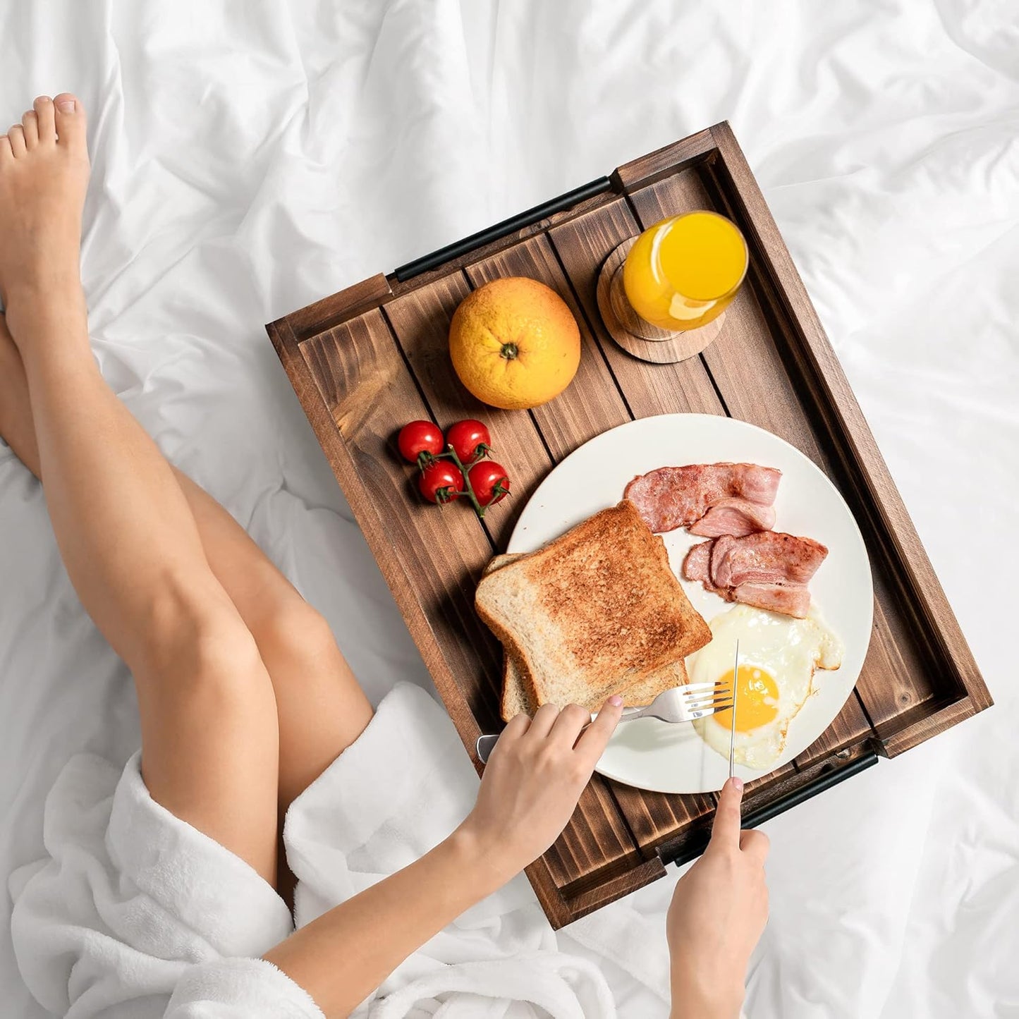 Ottoman Tray | Decorative Coffee Table Tray with Handles - Wooden, 17x13 Inch - Includes 4 Coasters - Ideal for Ottoman, Breakfast