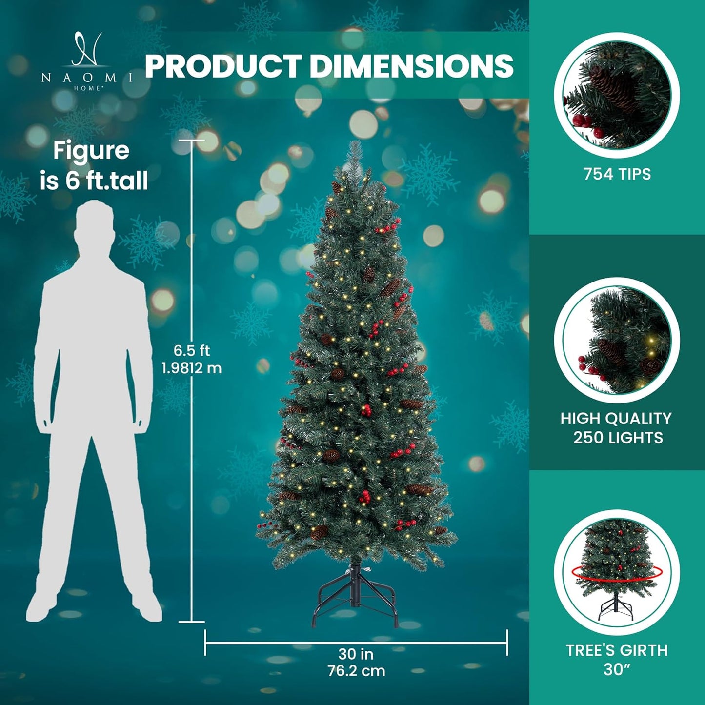 Naomi Home Belen 6.5ft Pencil Christmas Tree Prelit pre-Decorated with Pine Cones, Red Berries, 754 Branch Tips, 250 Warm Lights and Metal Stand, 30" Wide Skinny Christmas Tree with Lights