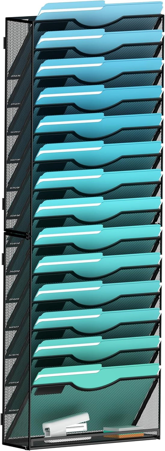 15-Tier Wall File Organizer Hanging Wall File Holder Wall Mount Paper Folder Organize, Mesh Magazine Document Mail Organizer Wall Organizer for Office School Home, Black