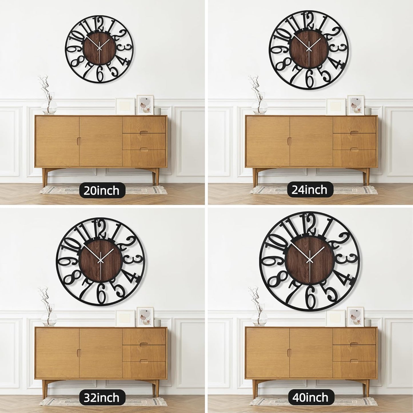 Maxstar Large Round Wall Clock for Living Room Decor Battery Operated Non Ticking Black Metal Wood Clocks for Home Living Room Garden Office Kitchen Decoration -40inch