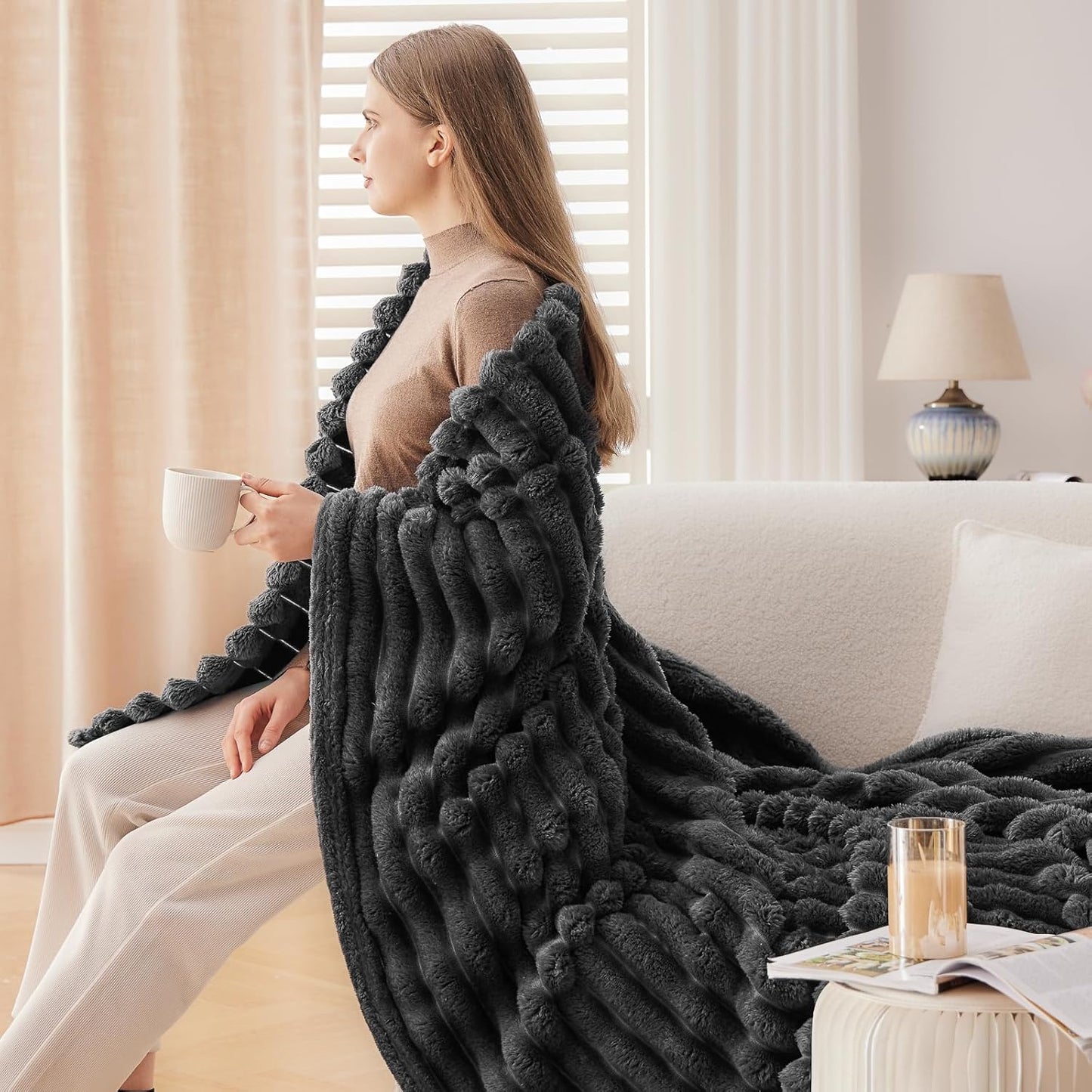 NEWCOSPLAY Super Soft Throw Blanket Grey Premium Silky Flannel Fleece 3D Ribbed Jacquard Lightweight Bed Blanket All Season Use (Grey Ribbed, Throw(50"x60"))