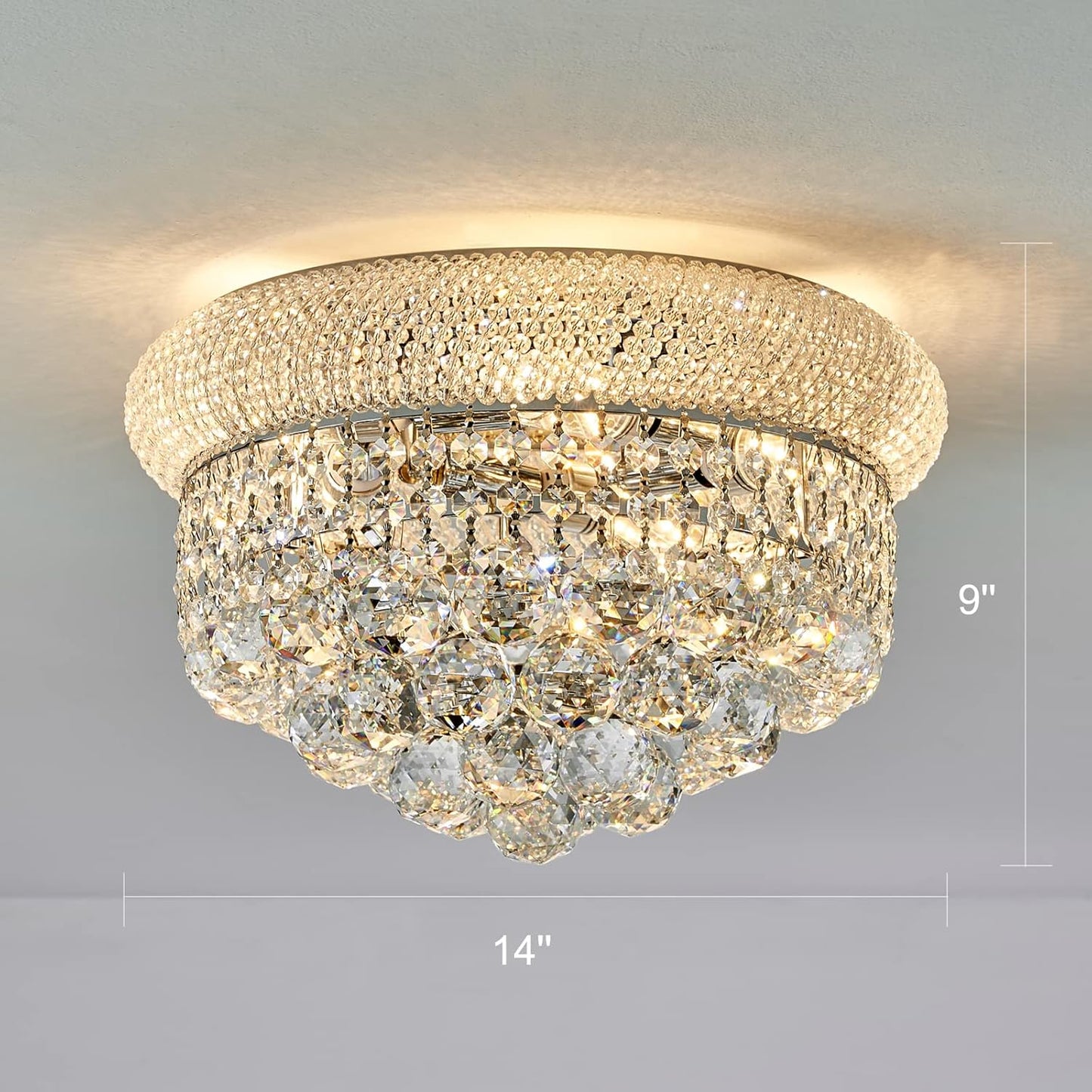 Crystal Flush Mount Chandelier Ceiling Light Fixture for Living Room Dining Room Bedroom Foyer Entryway Hallway Closet Bathroom (Chrome, 9" H x14 D)