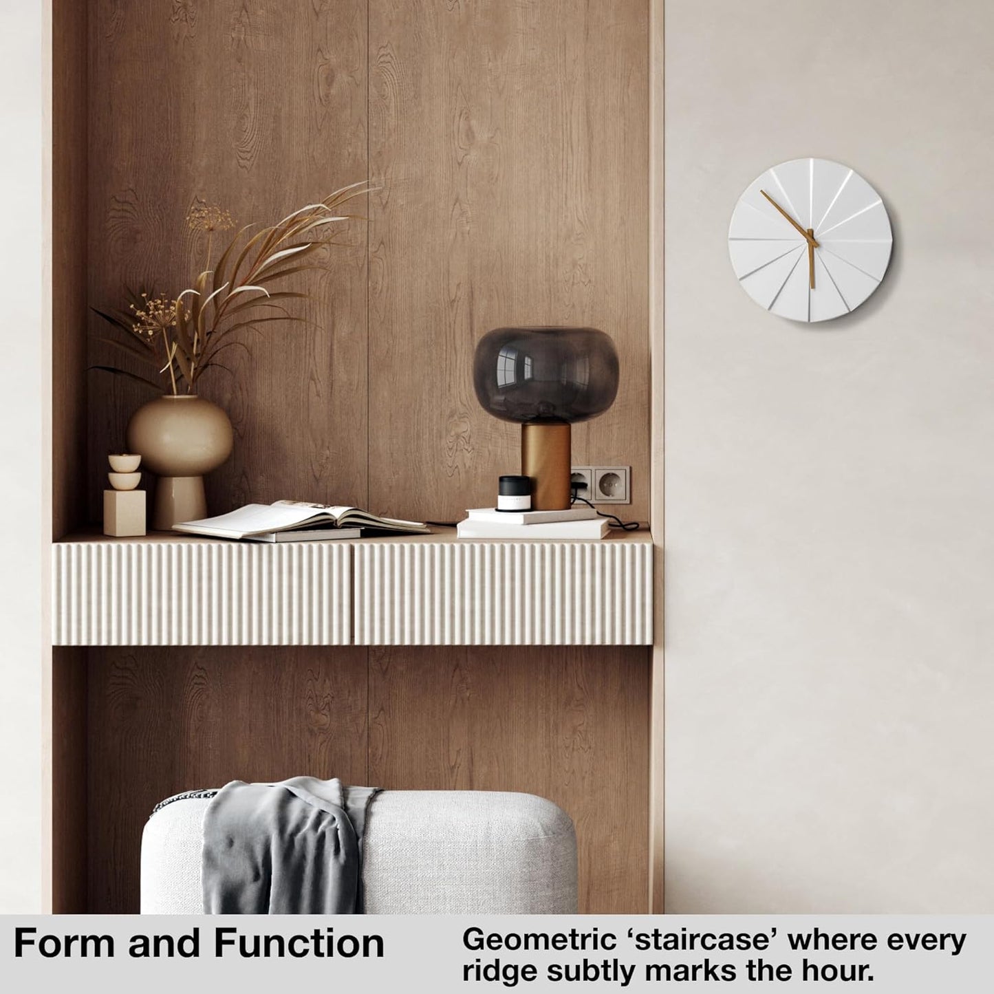 Driini Staircase Modern Wall Clock - Unique 10.5 in. Frameless Concrete Design - Contemporary, Minimalist Decor; No Numbers - Silent Battery Operated Clocks with Decorative Wooden Hands; White