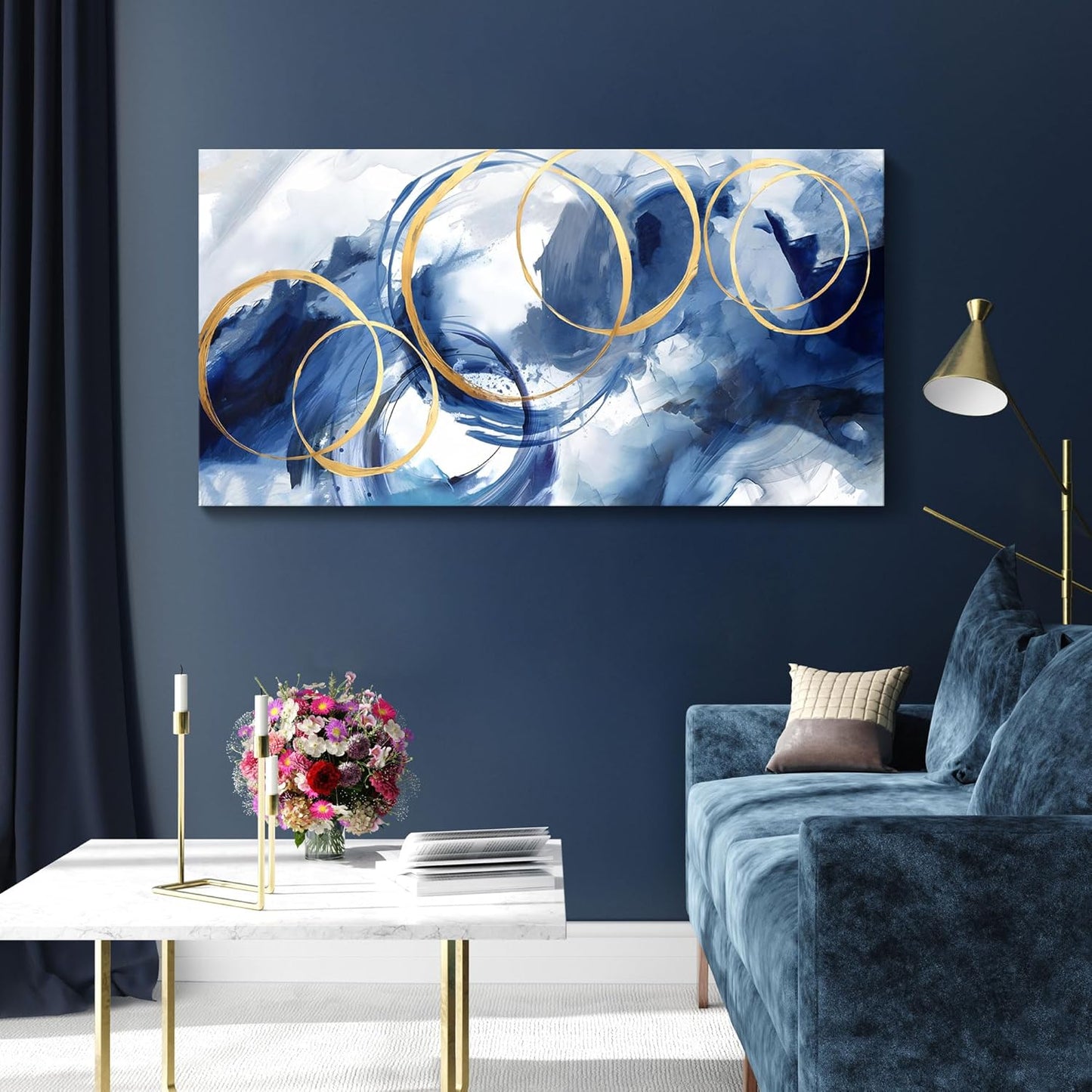 AJAZIKO Blue Abstract Wall Art Modern Art Wall Decor Artwork For Walls Living Room Large Painting Size 20x40 Office Pictures For Wall Navy Gold Contempor Decorations For Bedroom