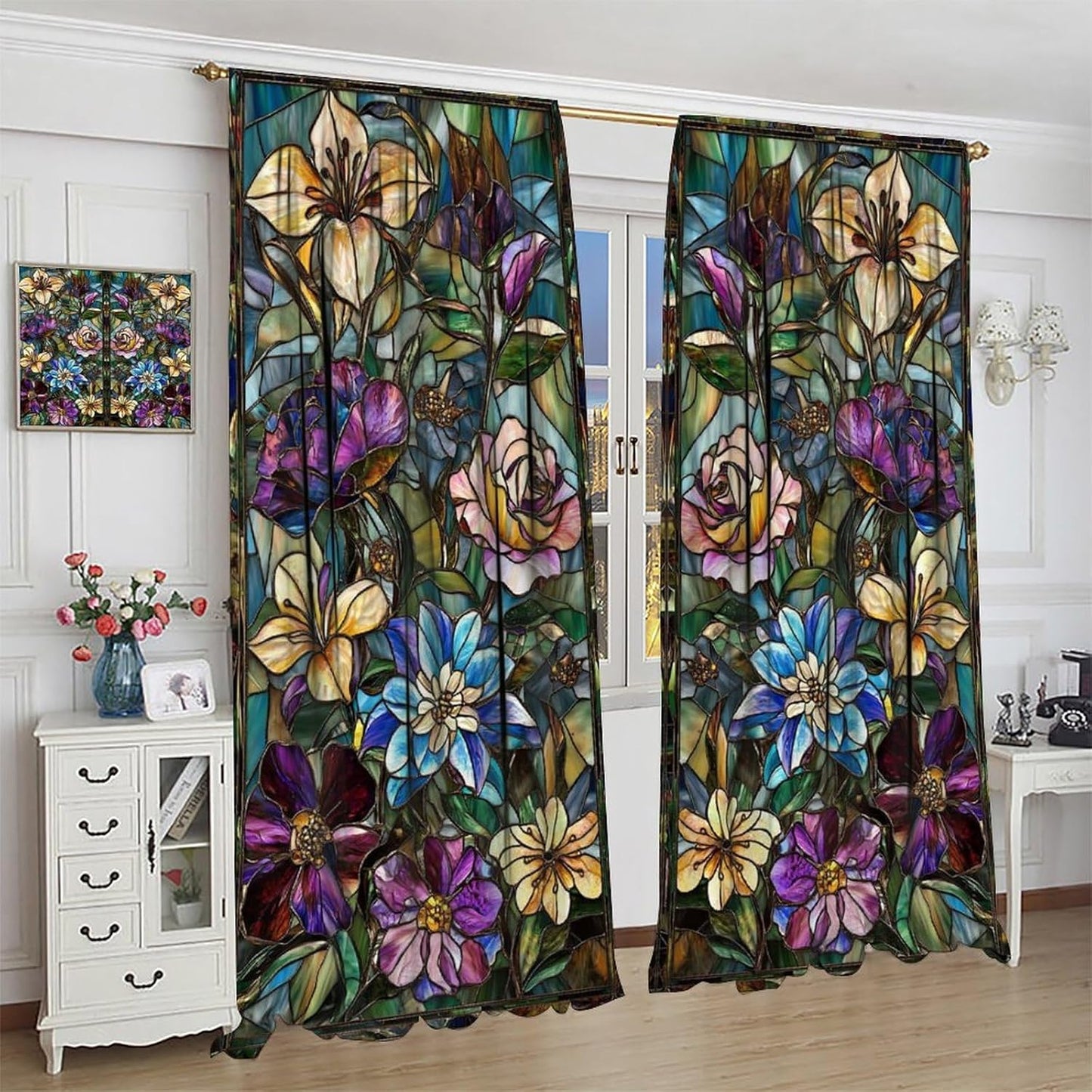 Stained Glass Curtains,Retro Colored Glass Flowers Art Home Decor Drapes for Bedroom Living Room Kitchen Window Treatment 2 Panels Set Total Size 63" W X 63" L Inch