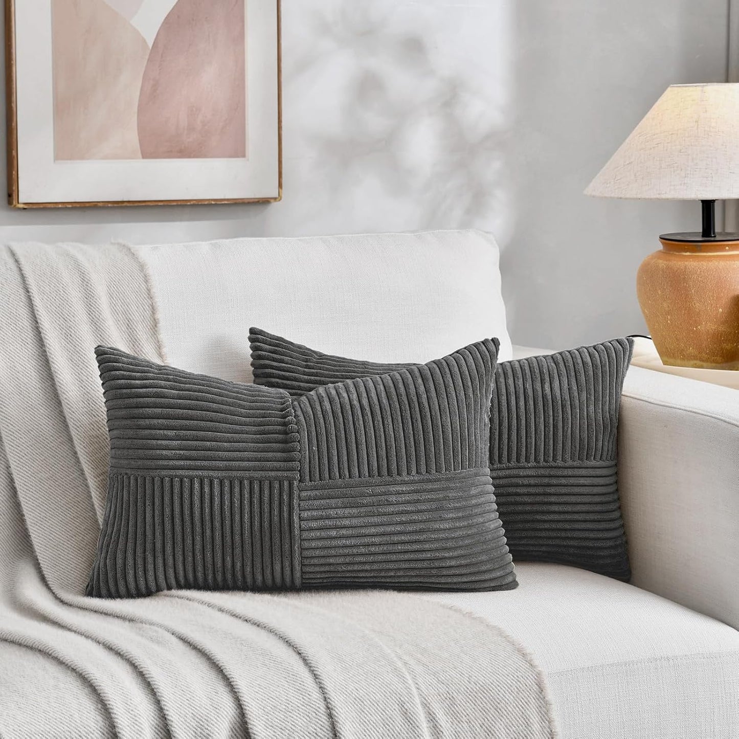 Fancy Homi 2 Packs Dark Gray Lumbar Decorative Throw Pillow Covers 14x24 Inch for Living Room Couch Bed Sofa, Farmhouse Home Decor, Soft Striped Corduroy Rectangle Accent Cushion Case 35x60 cm