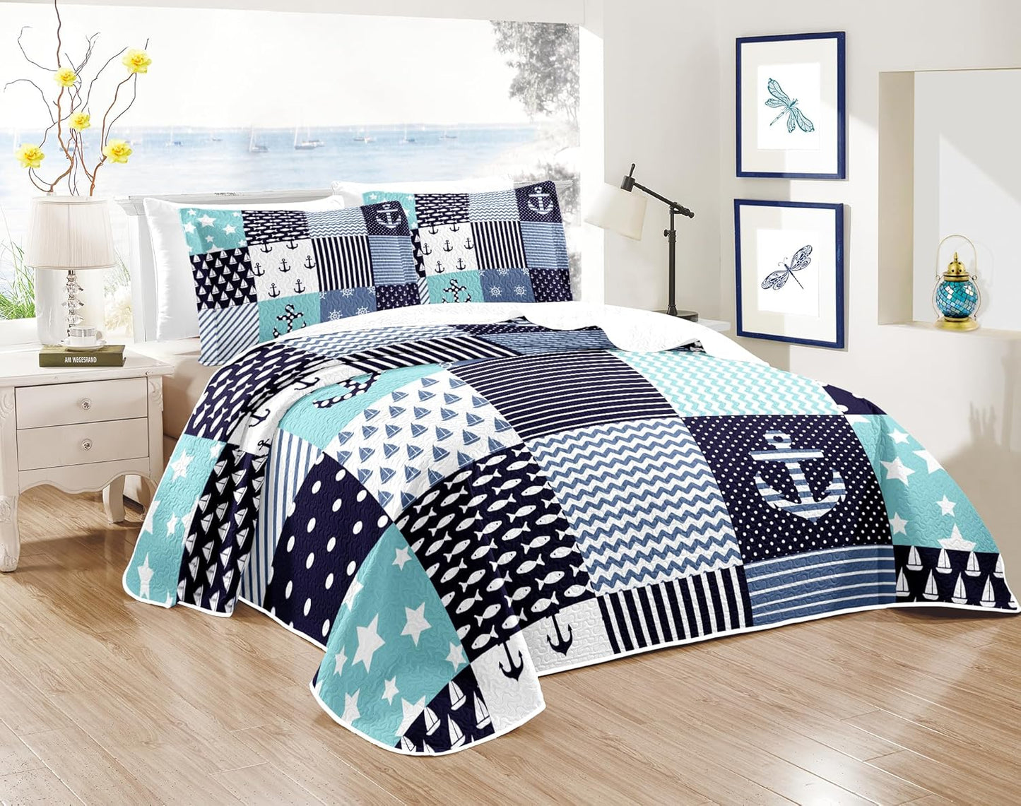 Nautical Bedding King Size Coastal Quilt with 2 Shams, Coastal Beach Comforter Sets Ocean Bedspreads Blue Seaturtle Coverlet Summer Bedding, 96''x106''