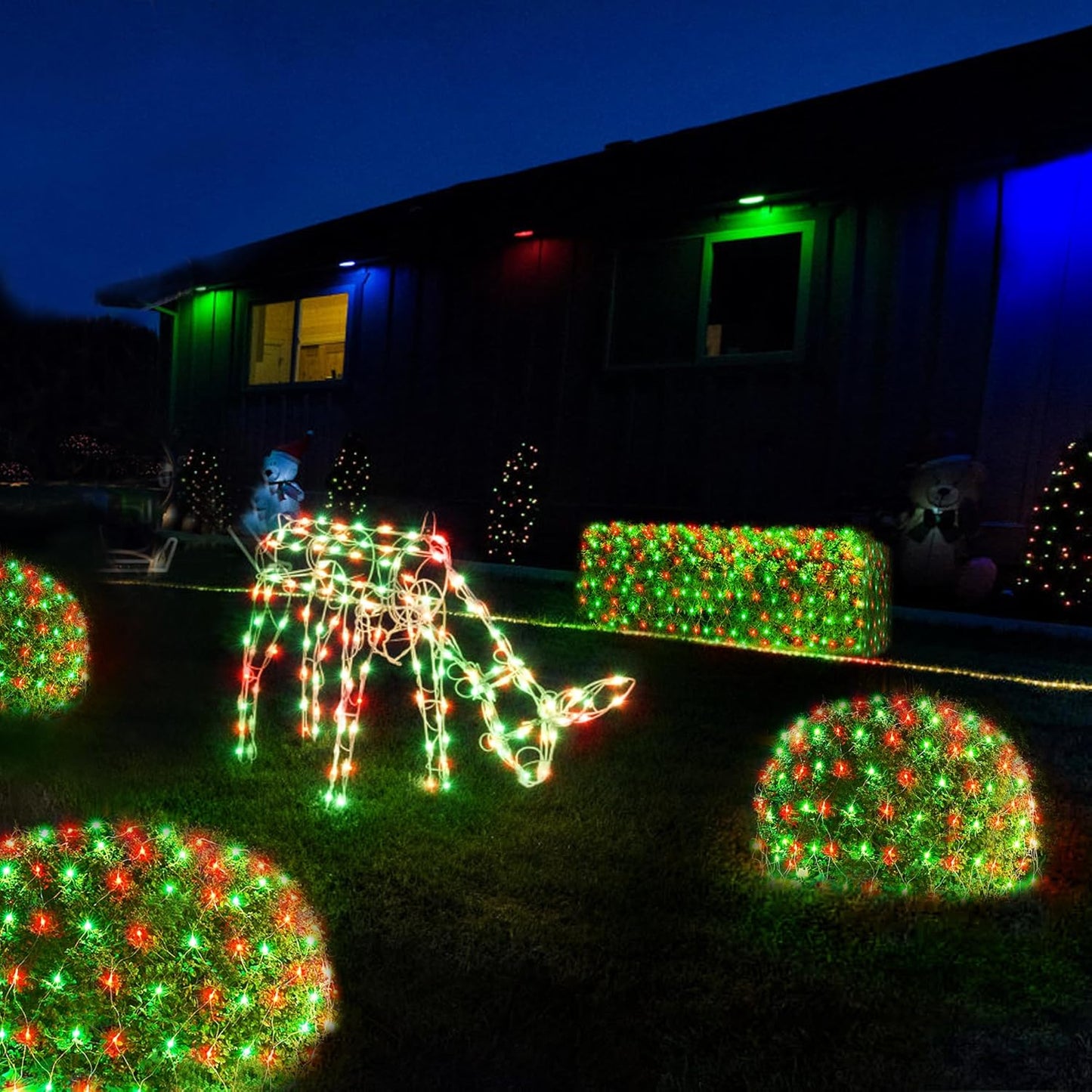 WBao Christmas Lights, 200LED 9.8ft x 6.6ft Christmas Bush Lights, 8 Modes, Timer, End to End Connectable, Waterproof Design for Lawn, Bush, Tree Outdoor Xmas Decorations, Red Green (Clear Wire)