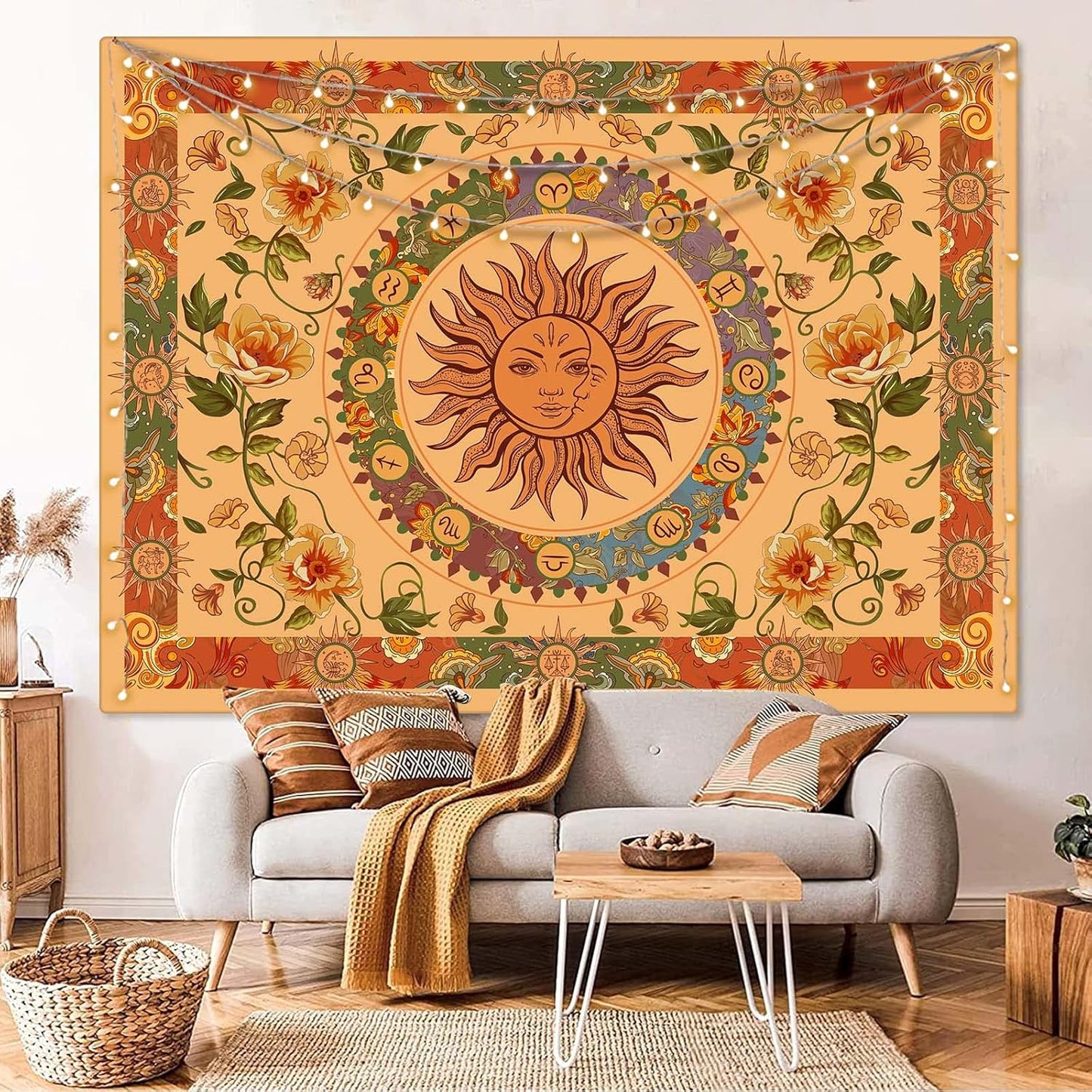 Aipon Yellow Sun and Moon Tapestry Indie Tapestries Boho Orange Flower Floral Tapestry Wall Hanging Cool Vintage Aesthetic Wall Tapestry for Bedroom Living Room Dorm (90.6'' × 70.8'', Orange)