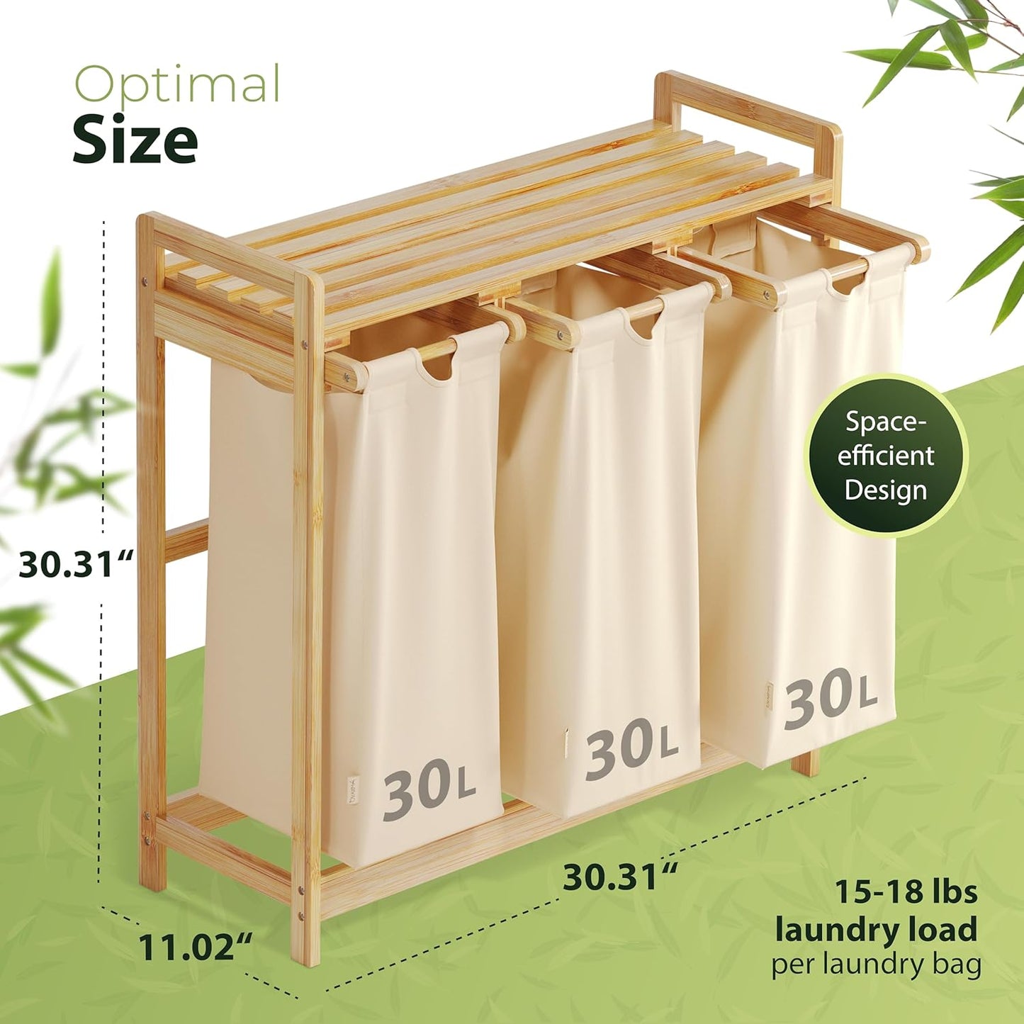 Laundry Hamper 3 Section beige - Large Bamboo Laundry Sorter with Removable Cotton Bags -Three Compartment Organizer for Clothes - Durable, Eco-Friendly, and Stylish Storage Solution for Home