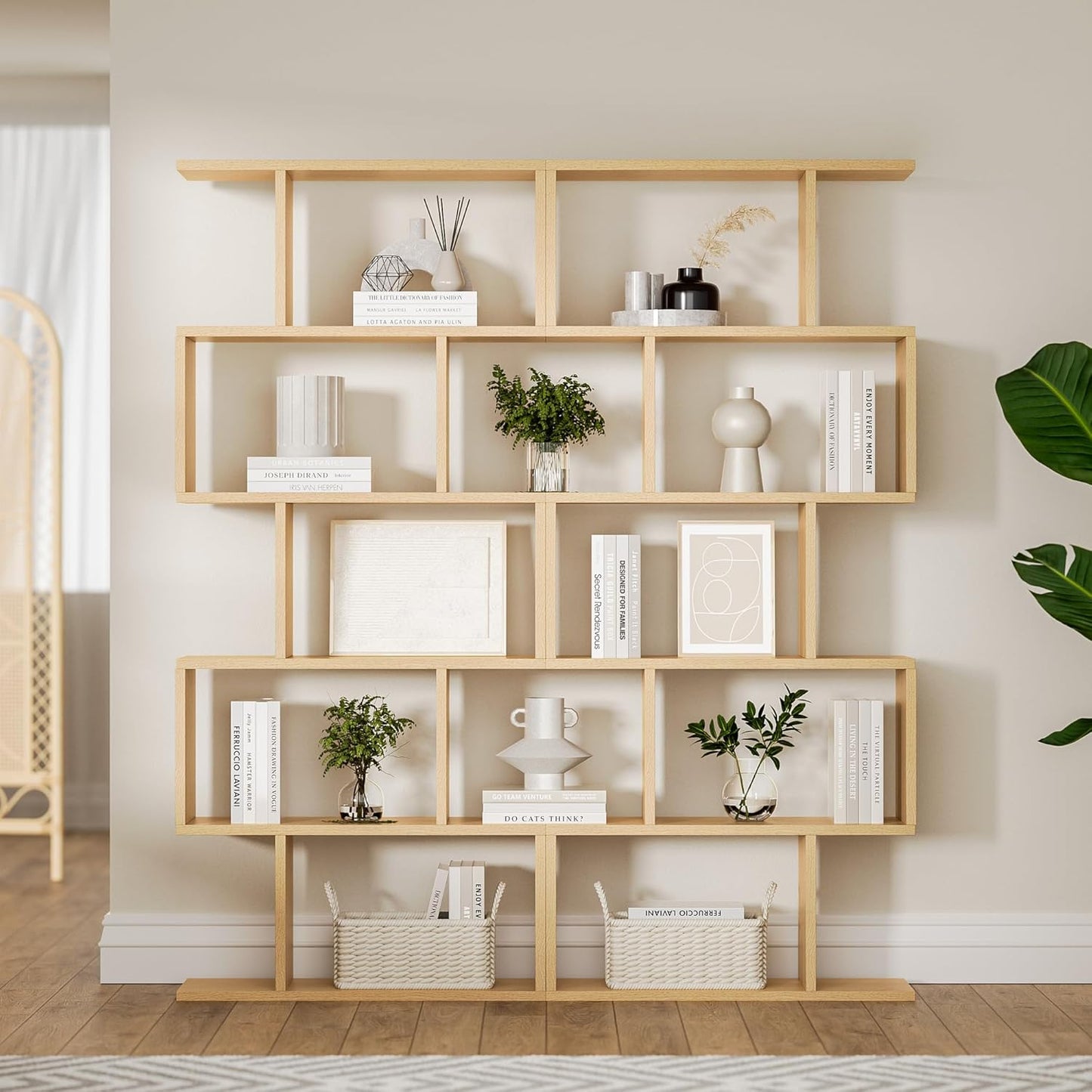 Oak 5-Tier Geometric Bookcase, S-Shaped Modern Bookshelf Set of 2, 62.6" Tall Room Divider Book Shelf, Decorative Display Shelf