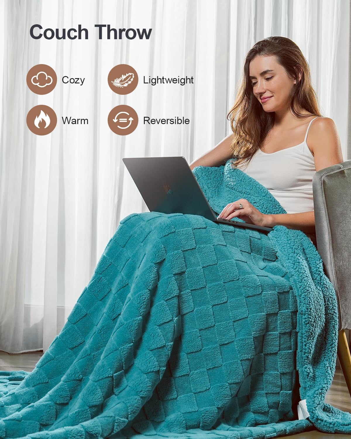 Pawque Super Soft Cozy Throw Blanket Twin Size for Couch Bed, Fluffy Sherpa Fleece Reversible Thick Warm Fuzzy Blanket for All-Season, 3D Checkered Jacquard Decorative Blankets, Teal Green, 60" x 80"